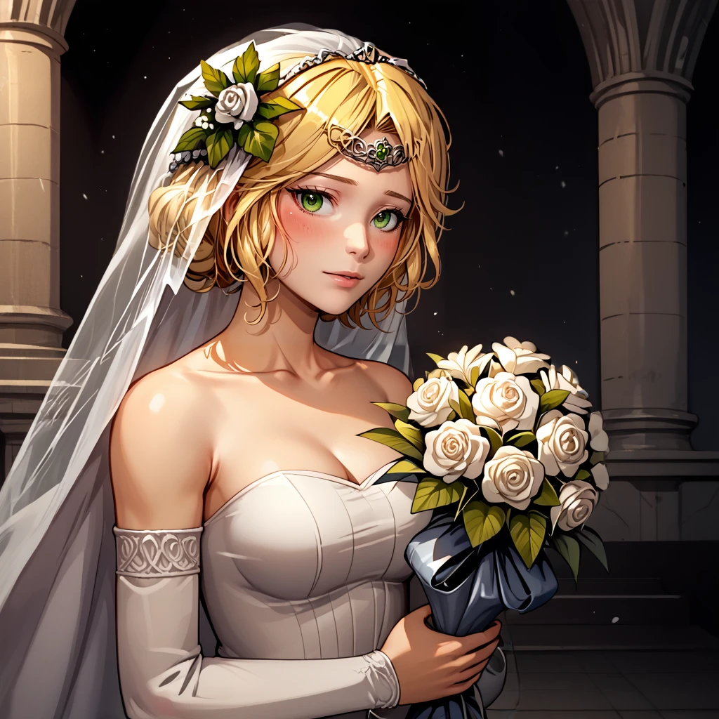 score_9,score_8_up,score_7_up,source_anime,
1girl,solo focus,close-up,<lora:Ar (7):1>,roderika, elden ring, blonde hair,green eyes,bouquet, bridal veil, circlet, hair flower, hair ornament, veil, wedding dress, collarbone, blushing, looking at viewer, altar, wedding, white flowers, bouquet, holding bouquet,