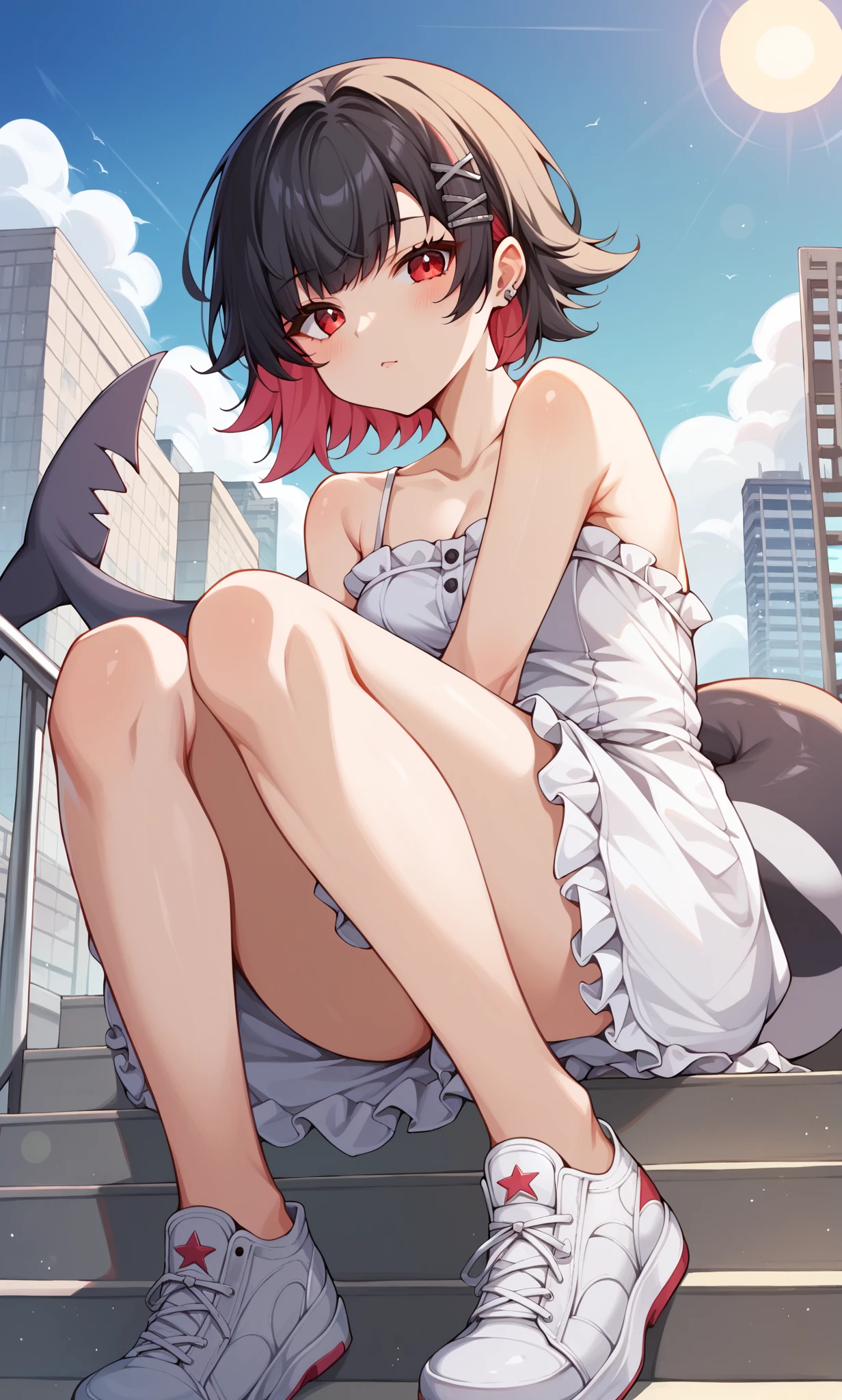 score_9, score_8_up, score_7_up, score_6_up, score_5_up, score_4_up, BREAK source_anime, 1girl, solo, outdoors, city, cowboy shot, looking at viewer, ellen, red eyes, black hair, short hair, colored inner hair, hairclip, ear piercing, fins, shark tail, hair ornament, sun dress, white dress, frilled dress, frills, white sneakers, footwear, sitting on stairs, from side, spaghetti strap 