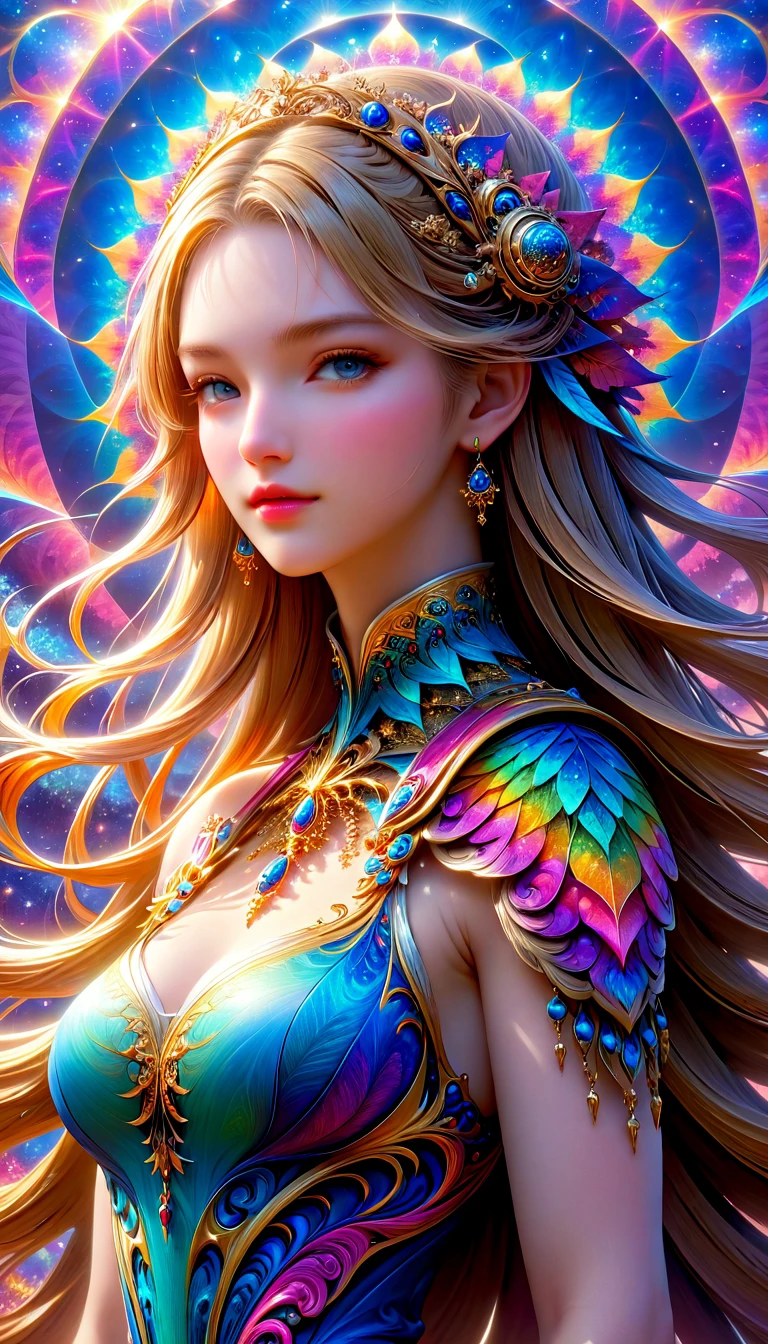 A girl with small breasts, bare shoulders, golden hair, colored feathers, metal ornaments, colored flowers, particles, light rayasterpiece, top quality, best quality, official art, beautiful and aesthetic:1.2), (1girl:1.3), extremely detailed,(fractal art:1.1),(colorful:1.1)(flowers:1.3),highest detailed,(zentangle:1.2), (dynamic pose), (abstract background:1.3), (shiny skin), (many colors :1.4), ,(earrings:1.4), (feathers:1.4)
