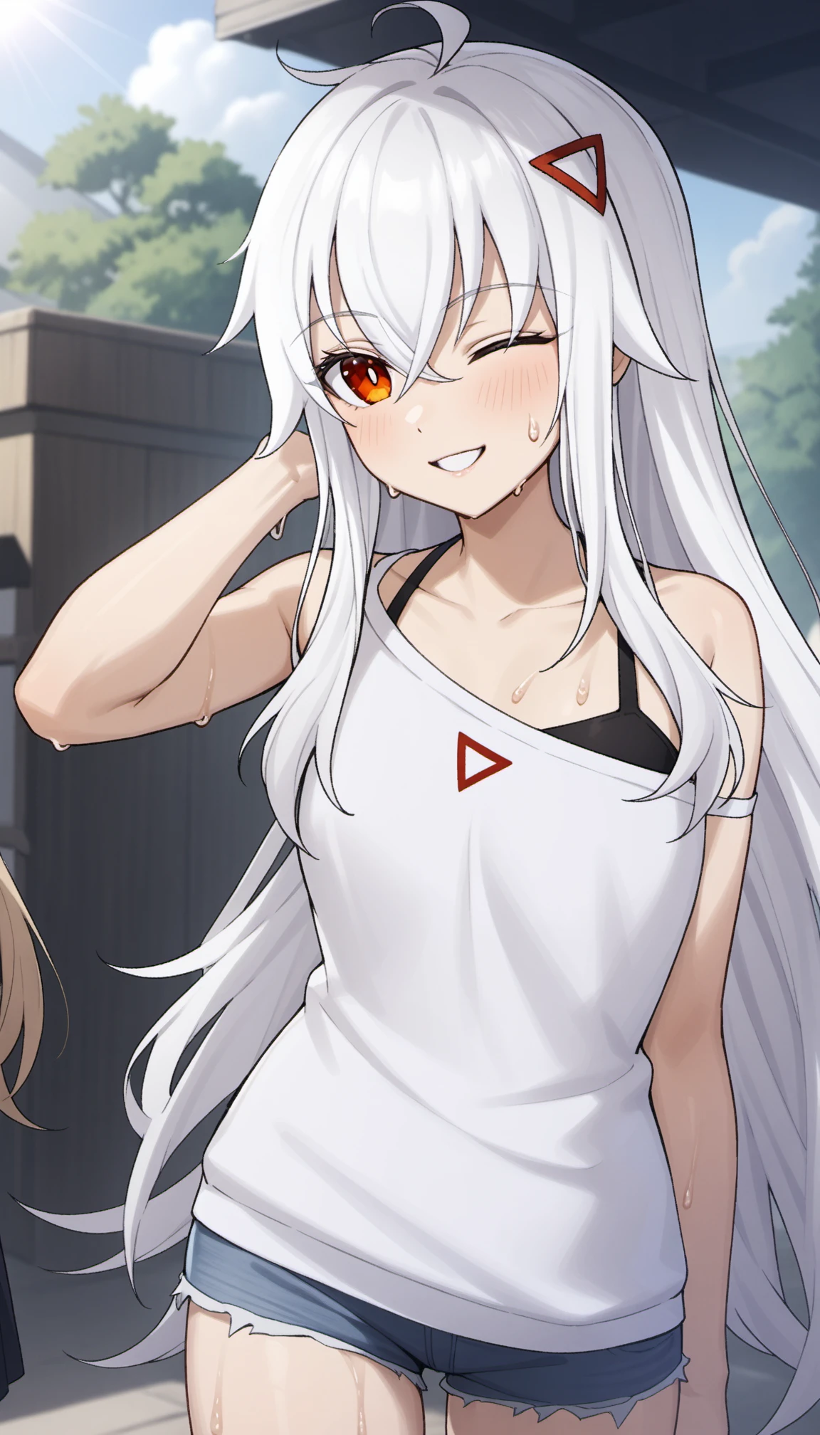 1girl, chiyo, chrono ark, red eyes, white hair, long hair, hair accessory, bright pupils,
denim shorts, short shorts, midriff, white shirt, street, outdoors, sweat, arm behind head, one eye closed, smile, sunlight, day,
masterpiece, best quality, very aesthetic, newest, cinematic lighting, highres, absurdres, incredibly absurdres  <lora:CulturedDiffusion_Chiyo_Chrono_Ark_AniXLV31:0.6>