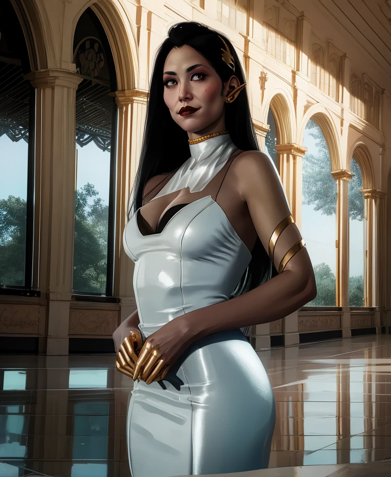 hanako,black hair,lips,hair ornament,brown eyes,glowing eyes,long hair,
white dress,jewelry,gold earpiece,skindentation,standing,
light smile,looking at viewer,cleavage,
indoors,lobby,science fiction,
(insanely detailed, masterpiece, best quality),solo,<lora:HanakoArasaka-CP77-16:0.9>,