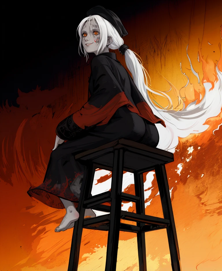 thepinter,orange eyes,slit pupils,white hair,long ponytail,pale skin,scales,facial mark,
black dress,red caplet,long sleeves,hat,light smile,barefoot,
dark,dim lighting,flames,sitting,stool,
(insanely detailed,  masterpiece, best quality),solo,<lora:thepainter-D3a-28:0.8 >,