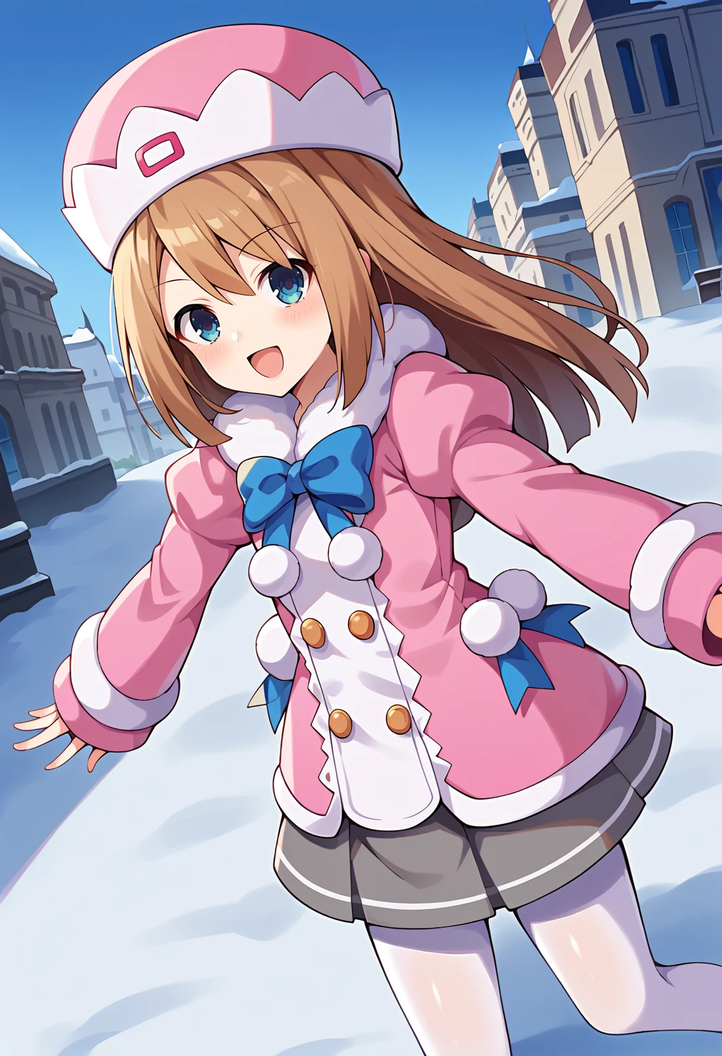 score_9, score_7_up, hd, (ultra hd quality details), source_anime, snow, colorful, castle, outdoors, street,
solo, 1girl, deframbase, brown hair, long hair,
pink coat, coat dress, hat, fur trim, bow, grey skirt, white pantyhose,
looking at viewer, smile, blush, open mouth,
dutch angle, dynamic pose,
<lora:_ram_neptunia-elesico-pony-v1.1:0.9>