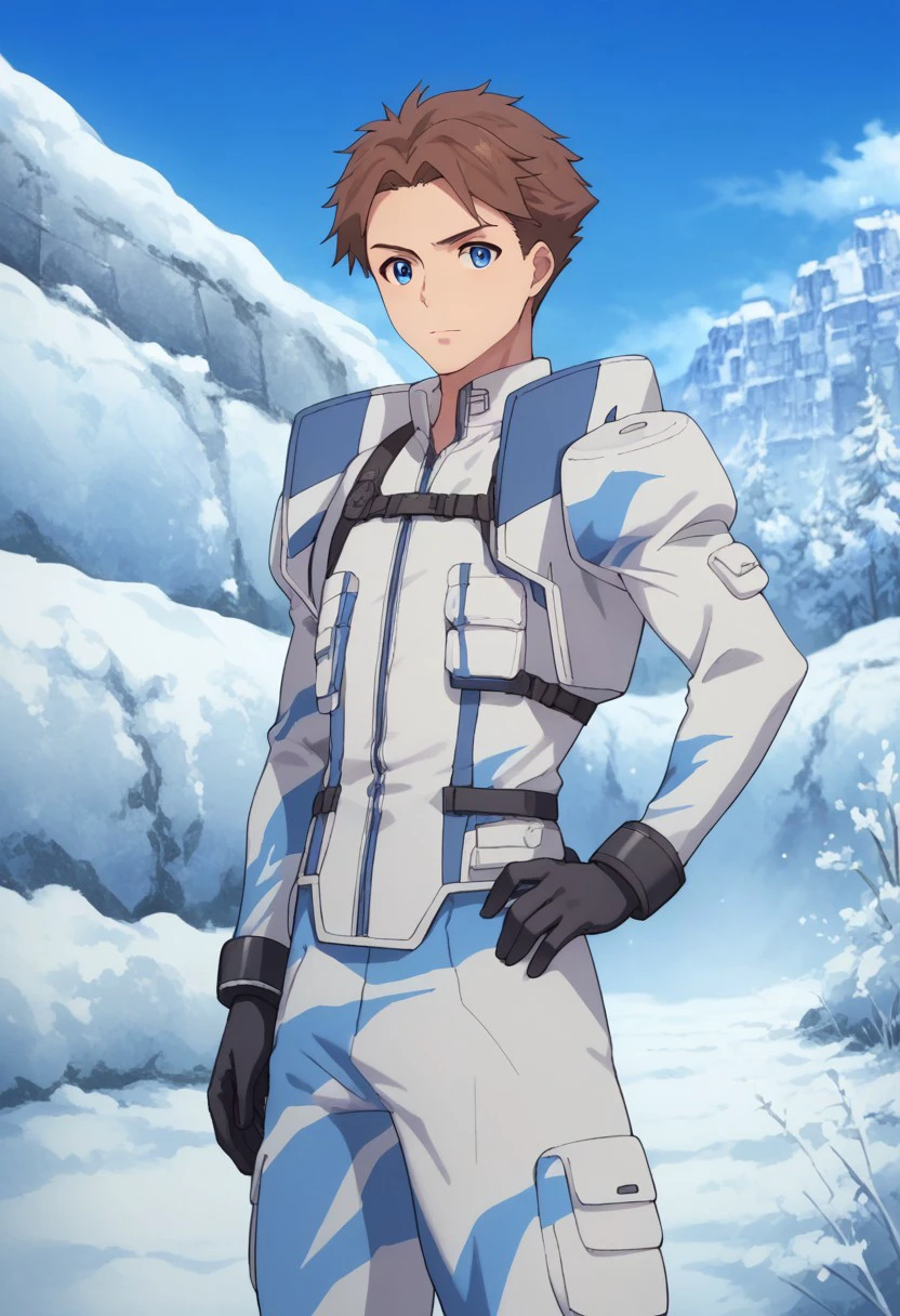 score_9, score_8_up, score_7_up, source_anime, highly detailed, 
heivia, 1boy, male focus, solo, brown hair, short hair, blue eyes, hand on hip, uniform, black gloves, military, military uniform, standing, looking at viewer, white uniform,
outdoor, sky, blue sky, snow,