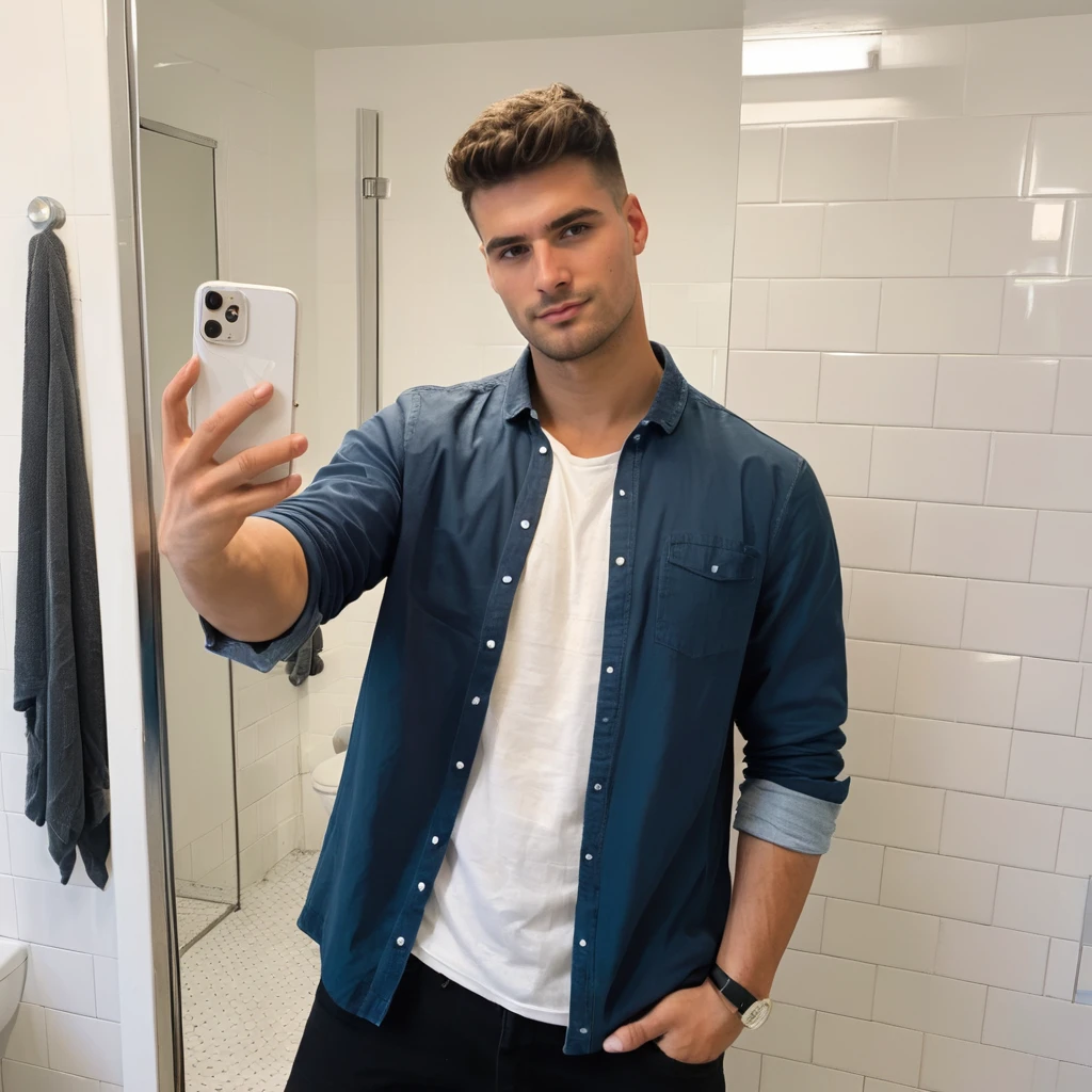 concept art half body photo of m4l1k a man, wearing a casual outfit, taking a selfie, in a bathroom, looking at camera, <lora:delgaty:.7> . digital artwork, illustrative, painterly, matte painting, highly detailed