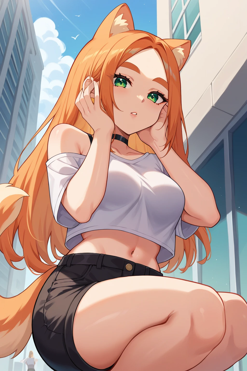 score_9, score_8_up, score_7_up, source_anime, 1girl, prefect lighting, very aesthetic, intricate details, highly detailed background, masterpiece, high quality, prefect hands, best quality, solo,
<lora:Fran_Gudanco_V1:.85>, KJOfran, orange hair, parted bangs, long hair, animal ears, thick eyebrows, green eyes, tail, 
white t-shirt, off-shoulder, black choker, navel, black shorts, bare shoulders,
from below, squatting, expressionless, parted lips, head tilt, hands on face
daytime, street, sunny, building,
(Beautiful, medium Breasts:1.2), natural breasts,