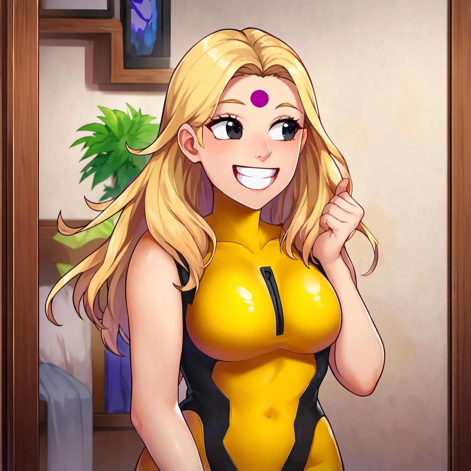 purple dot on forehead, woman, cowboy shot, ears, nose, happy, pale skin, yellow bodysuit, long blonde hair, thin eyebrows, black eyes, looking away, teeth, from front, indoors,  <lora:dot_on_forehead_01:1@0.15,0@0.16>