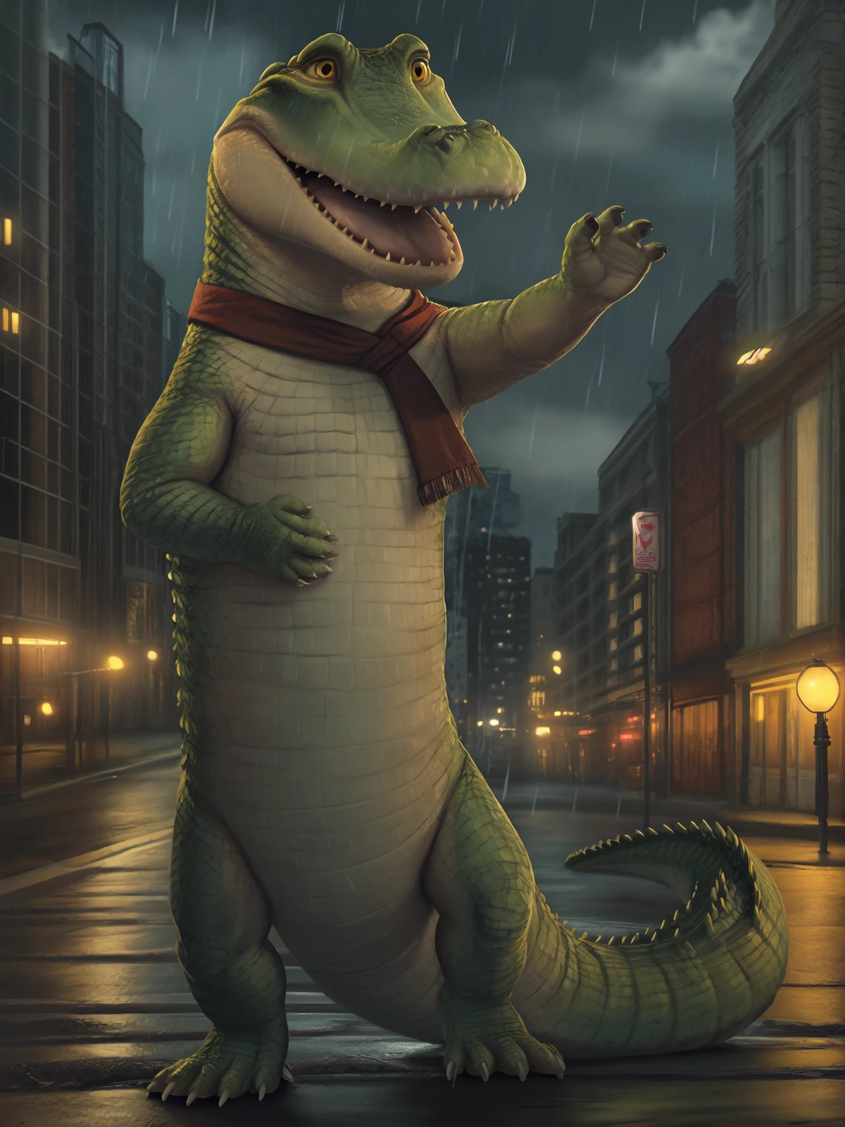 this photograph depicts a lylelyle singing in the rain, lylelyle, red scarf, scalie,reptile, singing out loud, crocodilian tail,  belly scales, detailed scales, uvula, big tongue, feet claws, male,solo, detailed eyes, black pupils, yellow eyes,tongue, open mouth, sharp teeth, cinematic lighting, backlighting, symmetrical,4k, hi res, insanely detailed, detailed background,city street, street lamp, dark clouds, rain, realistic, realism, photorealistic, photorealism,  by benji (artist), by drakawa, by thesecretcave by imperatorcaesar, by incredibleediblecalico, by santanahoffman, no humans, <lora:lylelyle_YMv2:1>