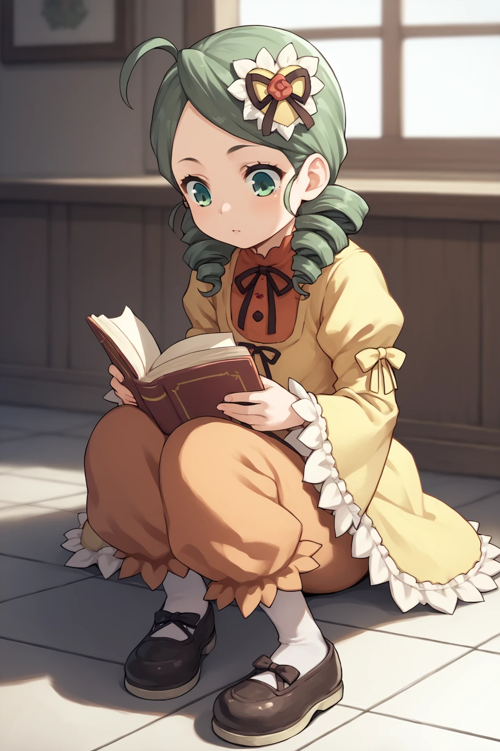 score_9, score_8_up, score_7_up, score_6_up, score_5_up, score_4_up, source_anime, BREAK
1girl, <lora:Kanaria_pdxl_v1.0:0.95> kanaria, hair ornament, dress, pants, ribbon, pantyhose, shoes, indoors, on floor, reading a book, depth of field, sitting