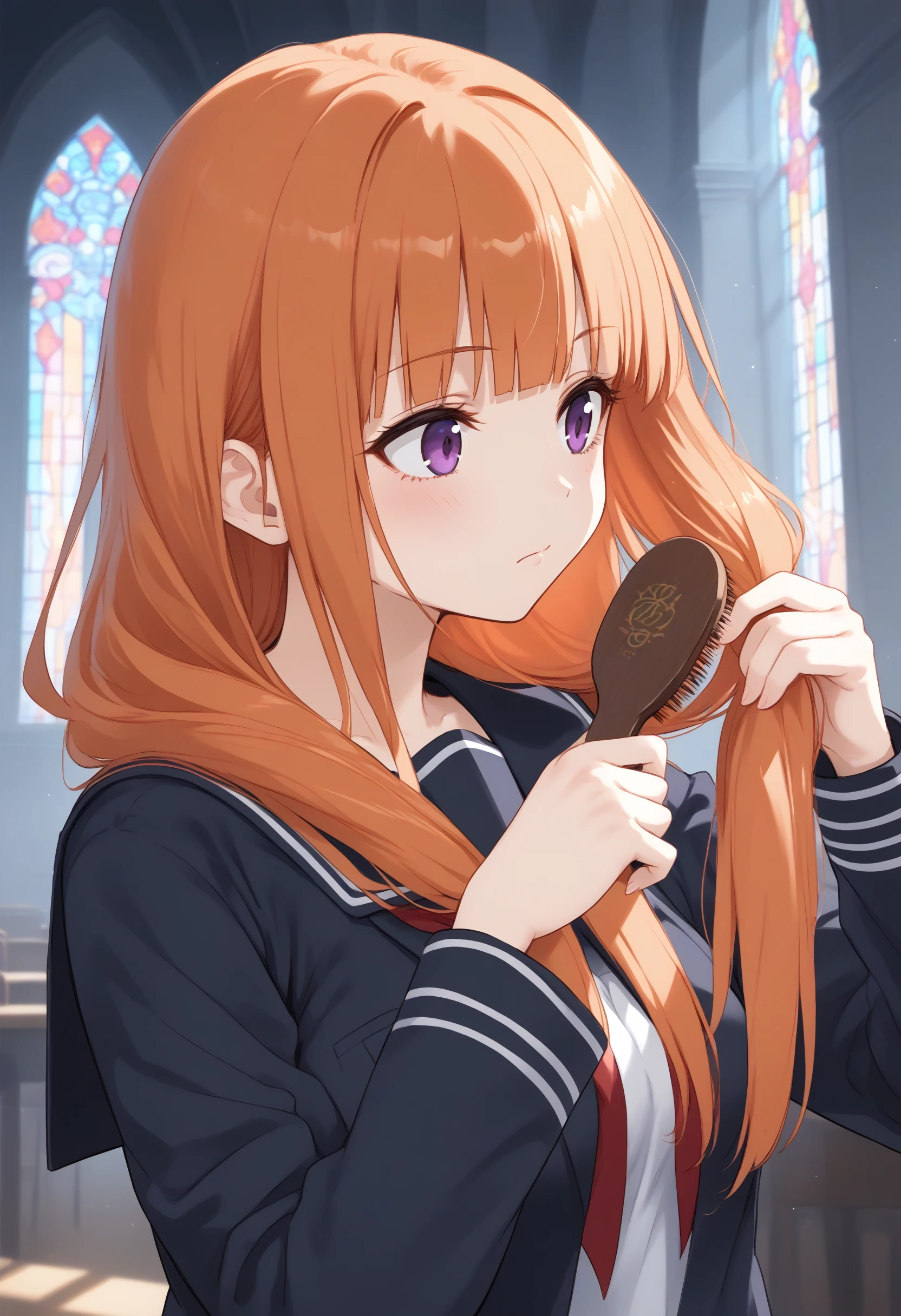 1girl, school uniform, medium breasts, solo,
brushing hair,hair brushing,hair brush,indoors, <lora:brushinghair_Pony_v1:0.8>
dutch angle, portrait, looking ahead, orange hair, purple eyes,dark persona, cathedral, closed mouth, hime cut hair,