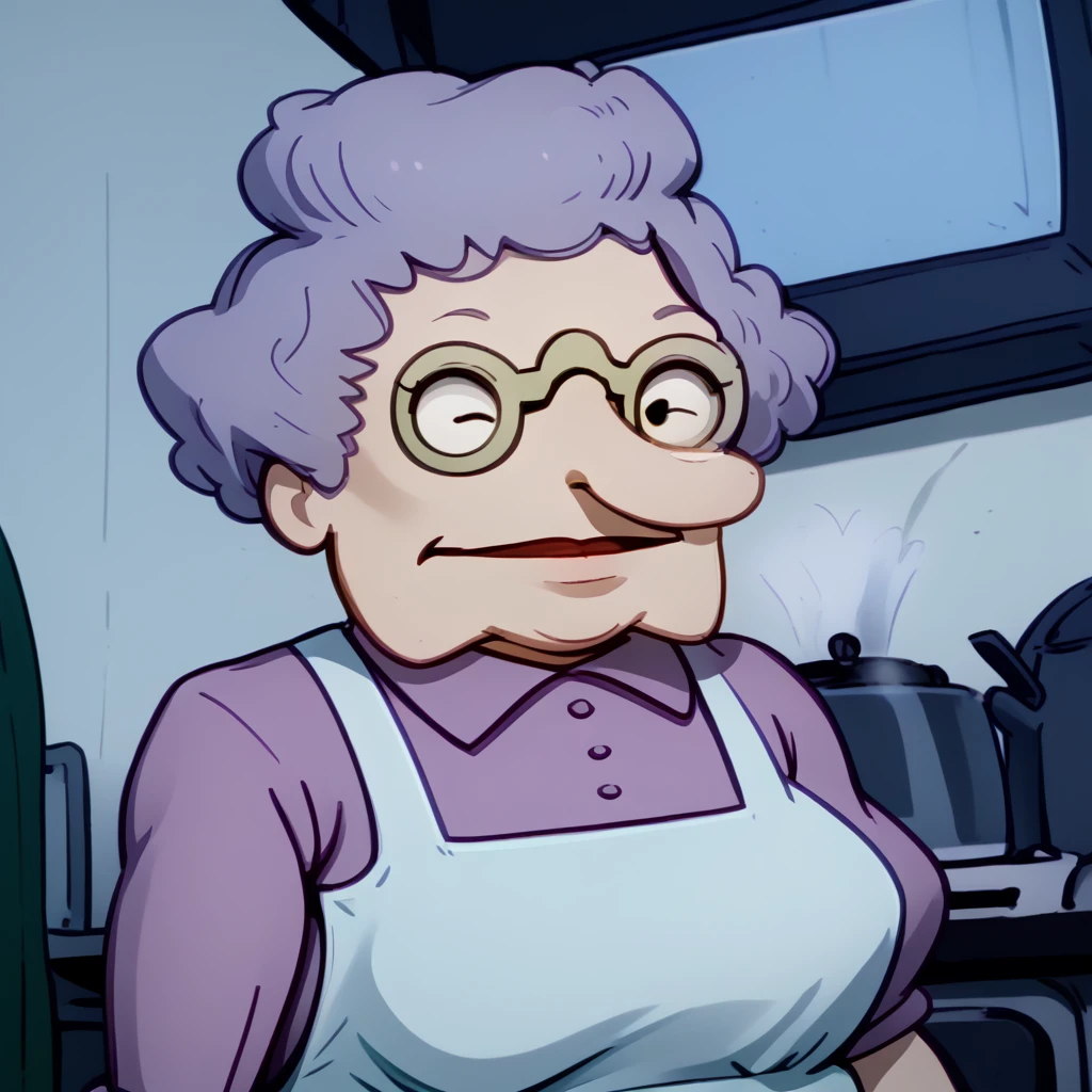 <lora:Minka_Kropotkin_-_Rugrats-10:1.5>1girl, old lady, light blue hair, blue shirt, apron, pince_nez_glasses, vintage_eyewear, dark blue skirt, portrait,, source_cartoon, score_9, score_8_up, score_7_up,