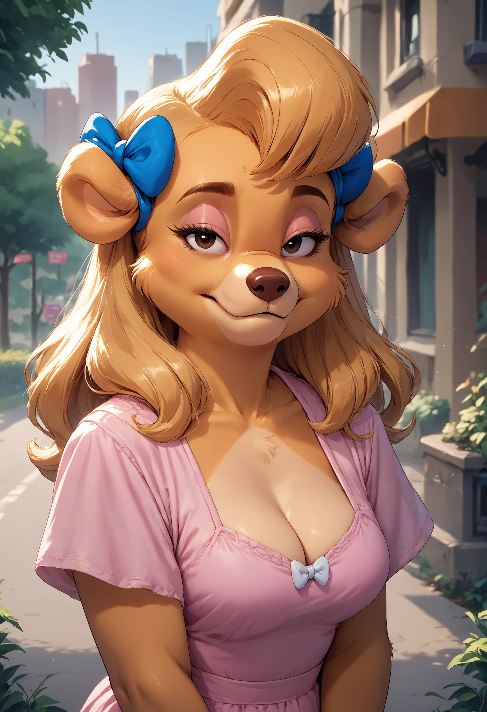 <lora:age_slider_v4:3> <lora:Realistic000003_1_2.5DAnime_0.05_Merge1:0.72> <lora:MollyCunningham_PonyXL_v1:1>, score_9, score_8_up, score_7_up, rating_questionable, source_furry, molly cunningham, anthro, bear, blonde hair, pink dress, hair bows, cleavage, long hair, outside, city park, three-quarter portrait, looking at viewer, lidded eyes