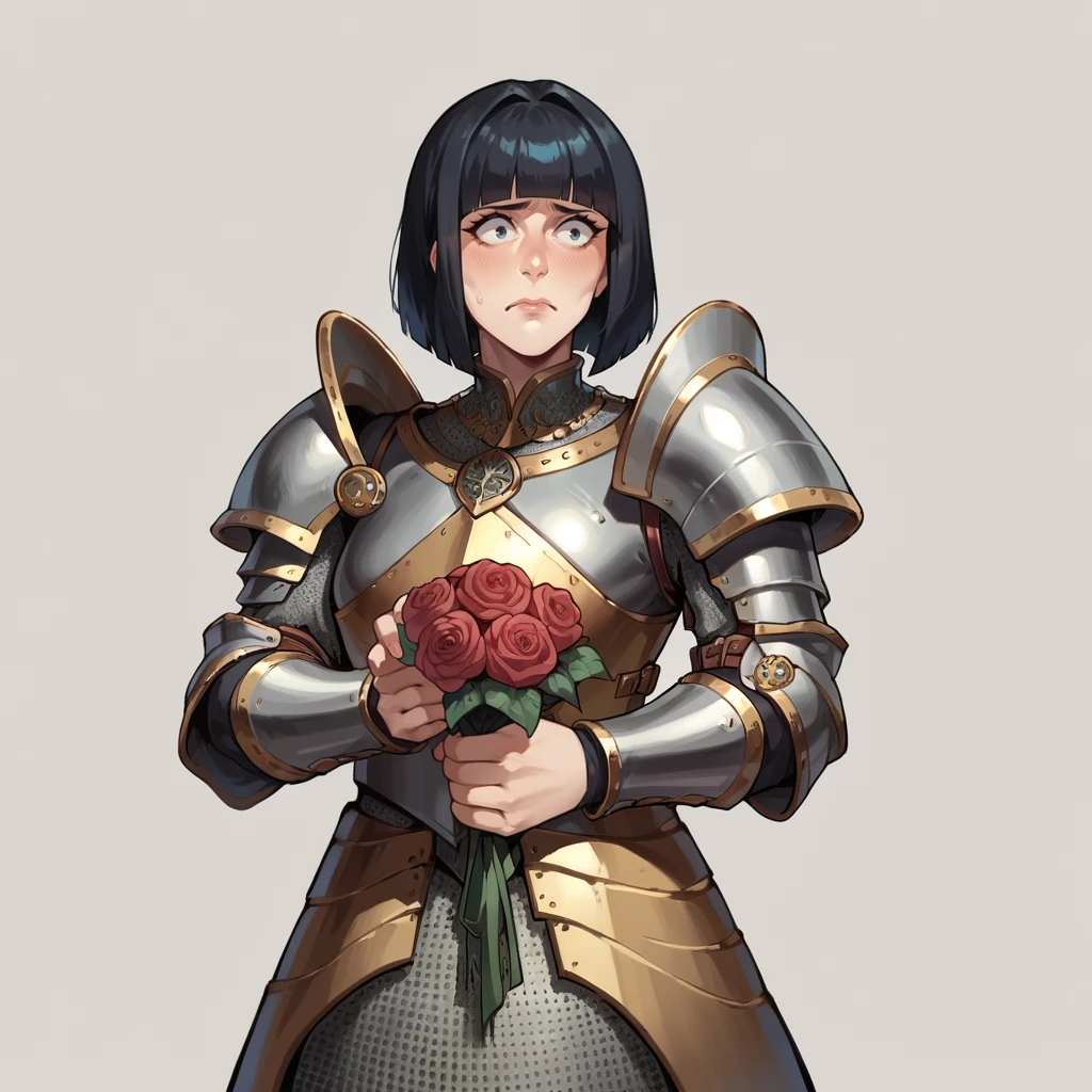 score_9, score_8_up, score_7_up, score_6_up,
Repanse, mature woman, black hair, blunt bangs, bob cut, armor,
holding rose bouquet, embarrassed,
<lora:RepansedeLyonesse:0.8>