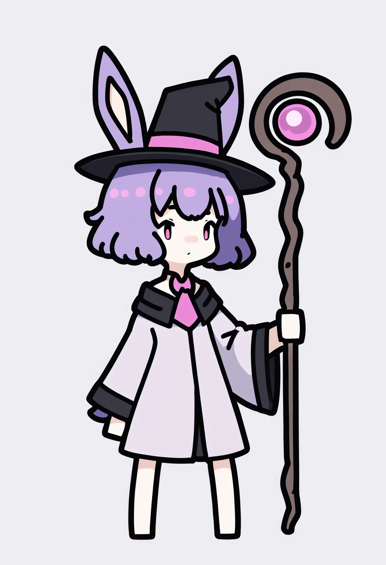 score_9, score_8_up, score_7_up, score_6_up, score_5_up, score_4_up, BREAK
1girl, chibi, purple hair, short hair, pink eyes, rabbit ears,
magician hat, robe, holding a staff,
standing, full body, solo, looking at viewer, simple background, white background    <lora:RabbitAndSteelXLLocon:1>