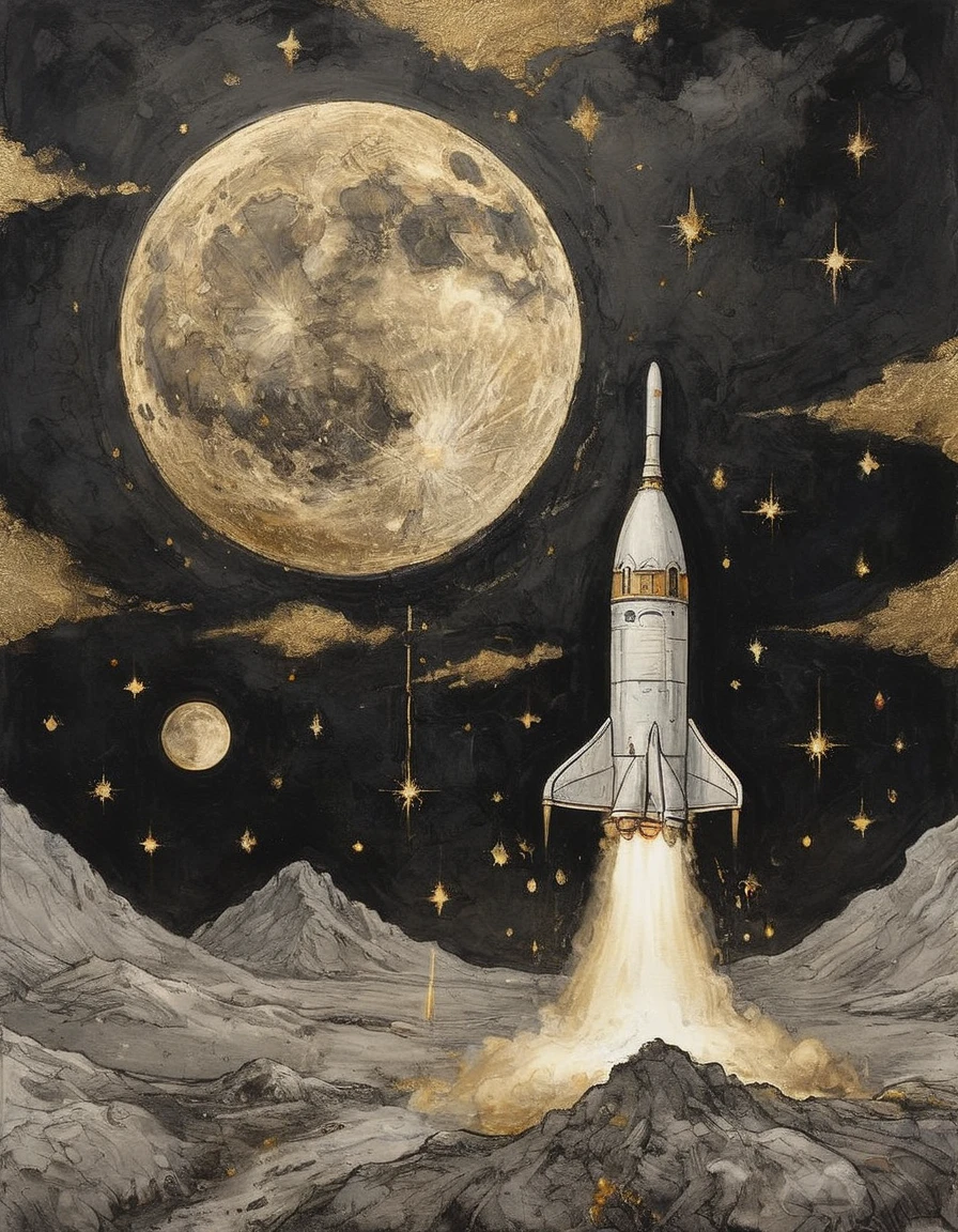 gold leaf illustration of a rocket ship blasting off from the moon with the earth in the black sky of empty space