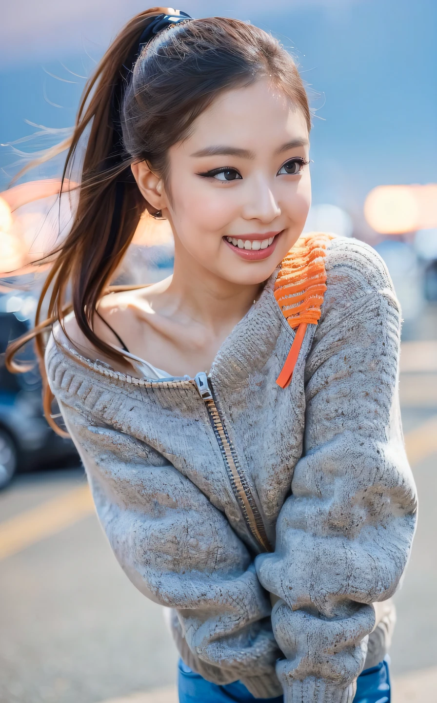 <lora:Jennie_V1:1> Jâ¬nn!e,, (smiling:1.2),  , (fullbody:1.2),  (realistic), (hyperrealism), (photorealistic:1.4), 1girl,,  looking at the viewer, eye makeup, detailed eyes, detailed face, (upper body:1.2), detailed background, walking at the streets, sunset, (windy:1.2)  z1pp3rsw3at3r,, sleeves past wrists, zipper sweater, Denim jeans   <lora:zoom_slider_v1:2>