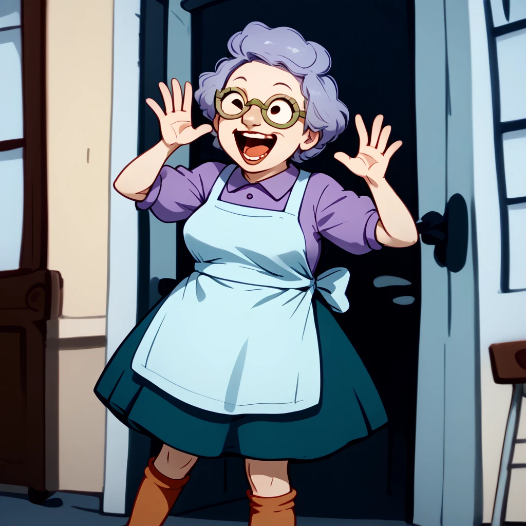 <lora:Minka_Kropotkin_-_Rugrats-10:1>1girl, old lady, light blue hair, blue shirt, apron, pince_nez_glasses, vintage_eyewear, dark blue skirt, orange socks, blue slippers, happy, mouth open, teeth,, source_cartoon, score_9, score_8_up, score_7_up,