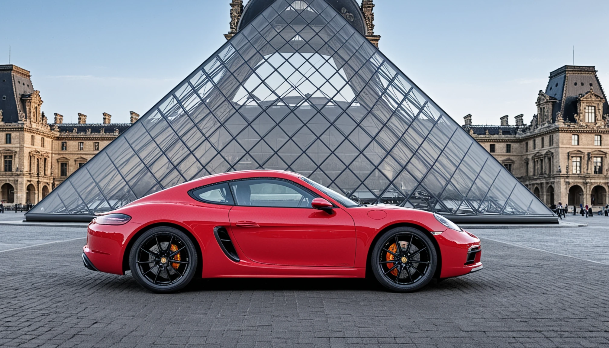 Cayman, a red Porsche Cayman sports car parked in front of the LOUVRE at night
