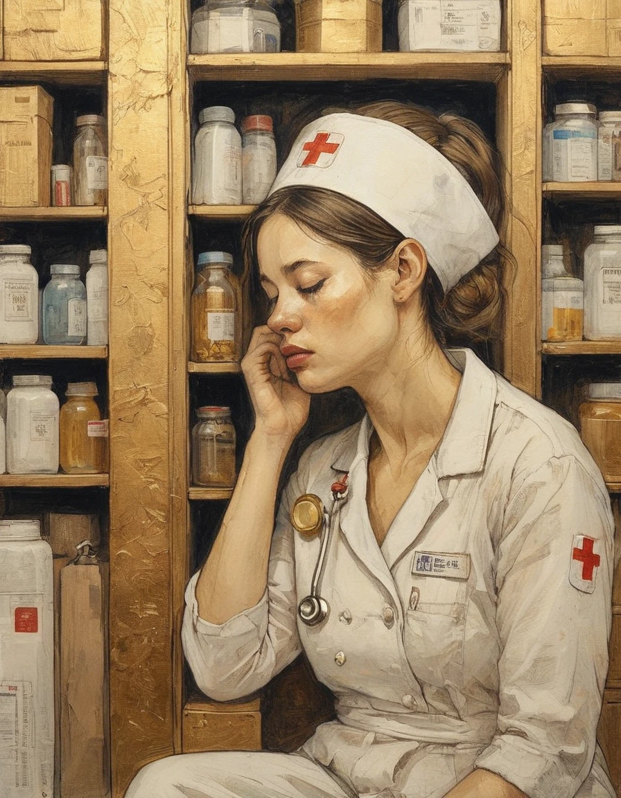 gold leaf illustration of a tired nurse takes a break in a supply closet closing her eyes and breathing deeply