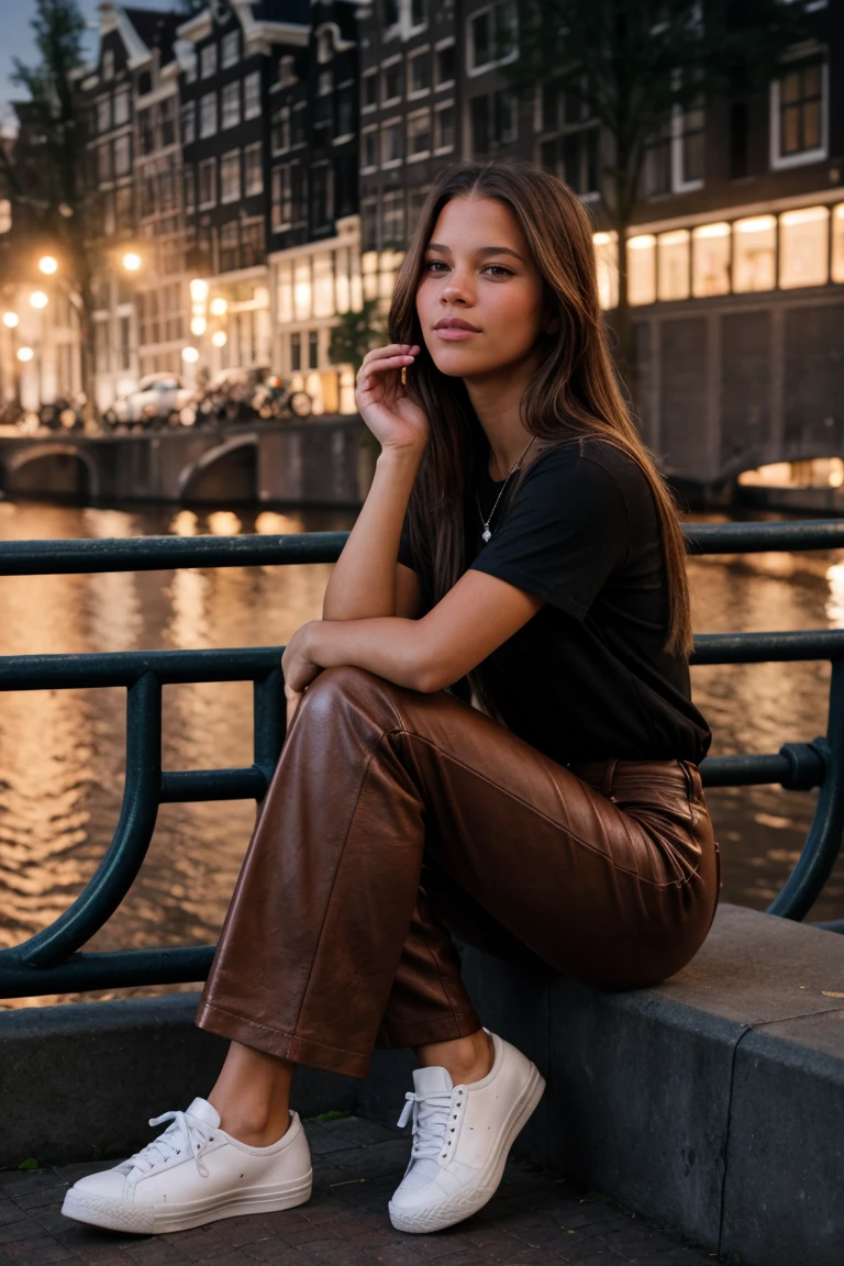 (Medium close-up:1.3) Tower13_Priscilla (smile:1.3) (skinny, slim, slender, narrow waist:1.3)BREAK (Wearing Brown Leather Wide-leg pants, tucked in tee, sneakers:1.3) BREAK (In front of a Landmark , in Amsterdam:1.3) ((Photo Focus, DOF, Aperture, insanely detailed and intricate, character, hypermaximalist, hyper realistic, super detailed, (lens flare)))<lora:exposure_control_v10:-0.2> <lora:more_details:0.3>