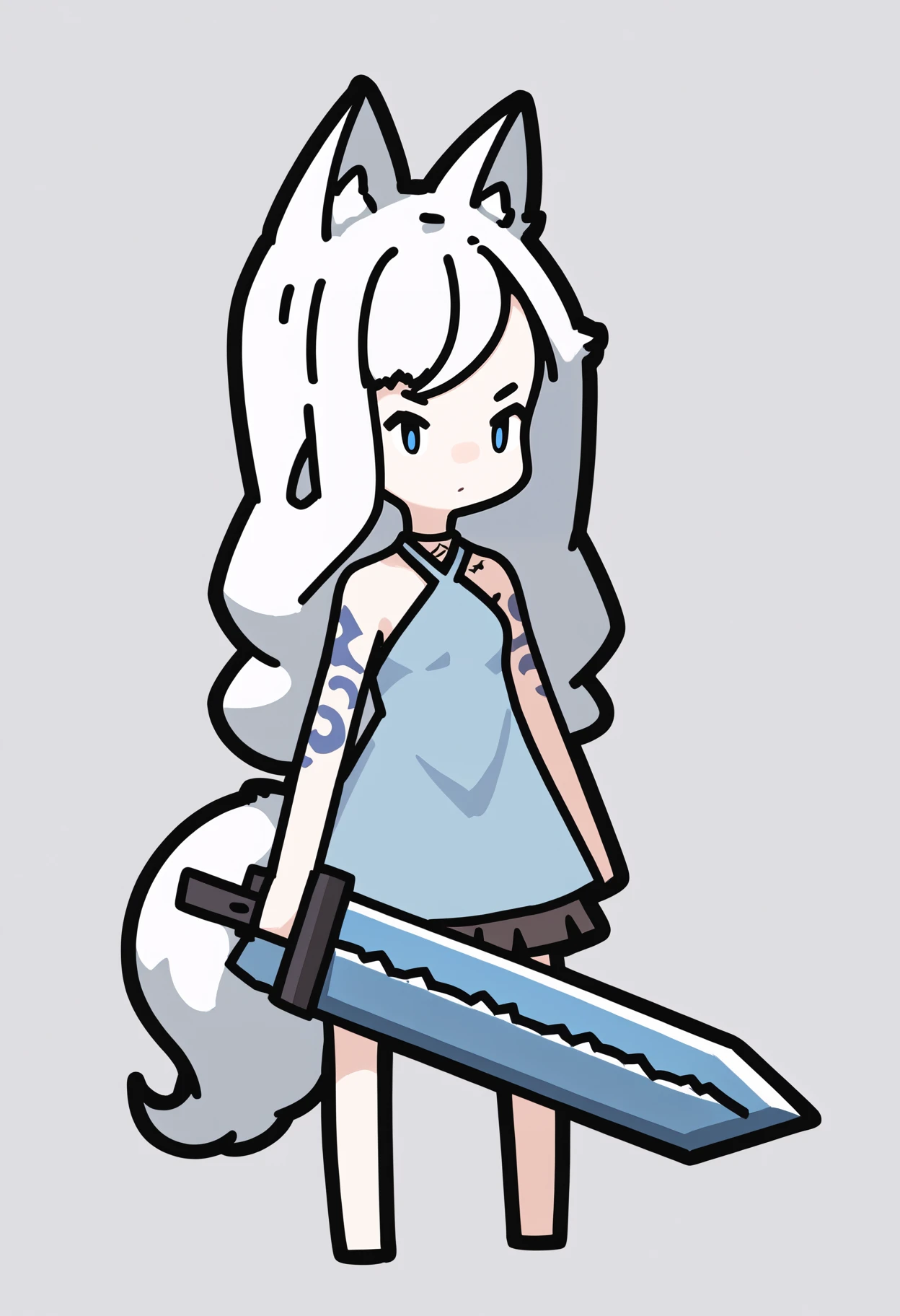 score_9, score_8_up, score_7_up, score_6_up, score_5_up, score_4_up, BREAK
1girl, long hair, white hair, blue eyes,
chibi, wolf ears, wolf girl, wolf tail,
bare shoulders, tattoo, dress, holding a giant sword, huge weapon,
standing, full body, solo, looking at viewer, simple background, white background    <lora:RabbitAndSteelXLLocon:1>