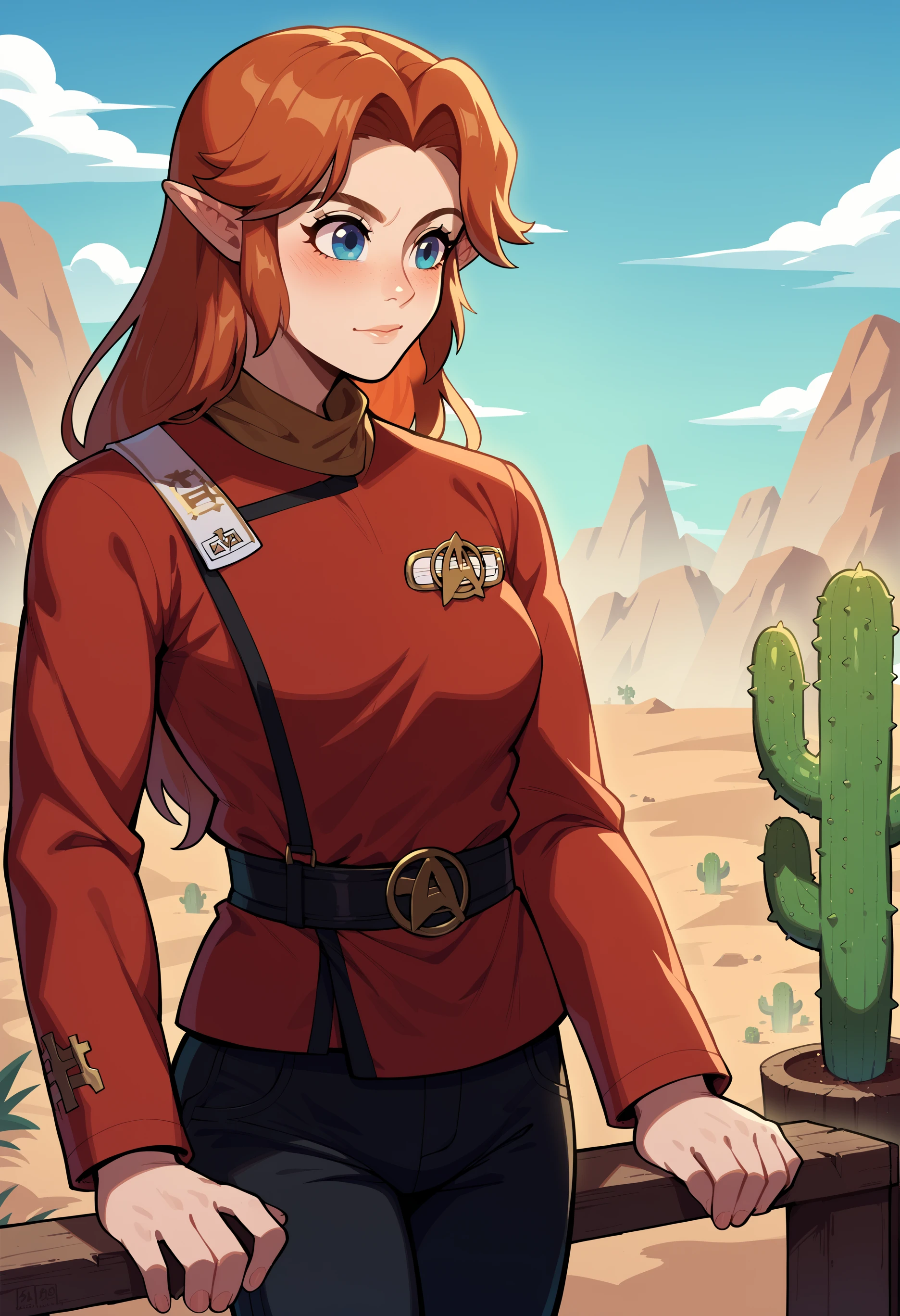 score_9, score_8_up, score_7_up, BREAK <lora:malon_cremia-v1_pdxl>malon,1girl
,desert scenery,cactus,sun,
(twokunf,star trek red uniform over pants,long sleeves,white shoulder strap,black pants,black belt),<lora:TWOKpony>