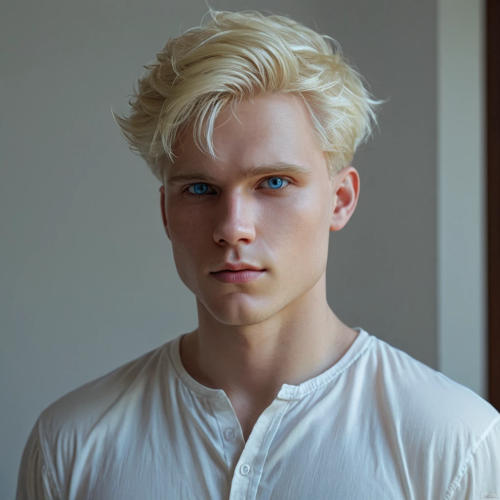 UHD, 4k, ultra detailed, cinematic, a photograph of  <lora:skin tone style:1>
 <lora:detailed_notrigger:1>
 <lora:perfection style:0.3>
A cinematic pale white light skin tone shot of a man with blonde hair and a white shirt, movie themed style, sharp, detailed, epic cinematic photorealism style, artistic creative style, dramatic cinematic light style, cinematic color style, skin tone style, pale white light skin tone style, solo, looking at viewer, smile, blue eyes, shirt, 1boy, closed mouth, white shirt, white hair, male focus, collared shirt, signature, portrait, realistic, short hair, head tilt, closeup
, epic, beautiful lighting, inpsiring