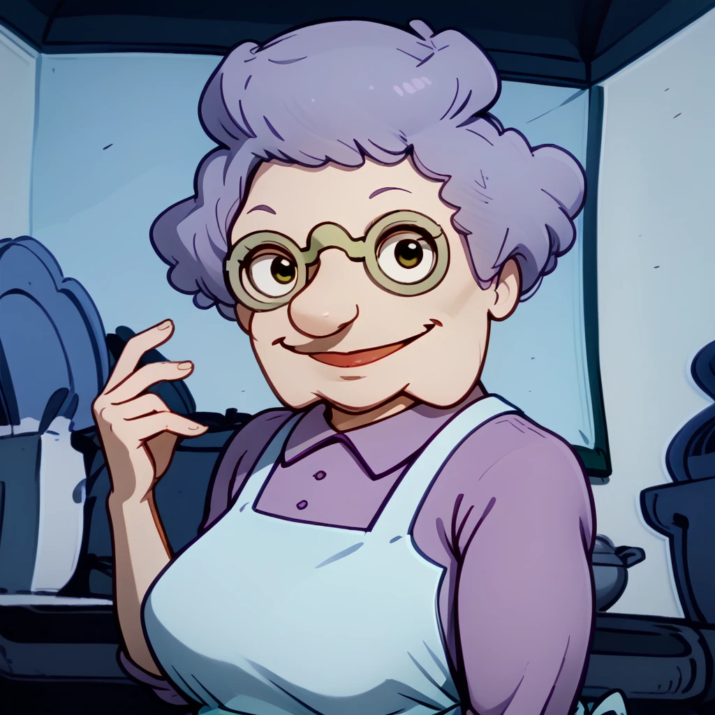 <lora:Minka_Kropotkin_-_Rugrats-10:1.5>1girl, old lady, light blue hair, blue shirt, apron, pince_nez_glasses, vintage_eyewear, dark blue skirt, portrait, looking at viewer, smile, source_cartoon, score_9, score_8_up, score_7_up,