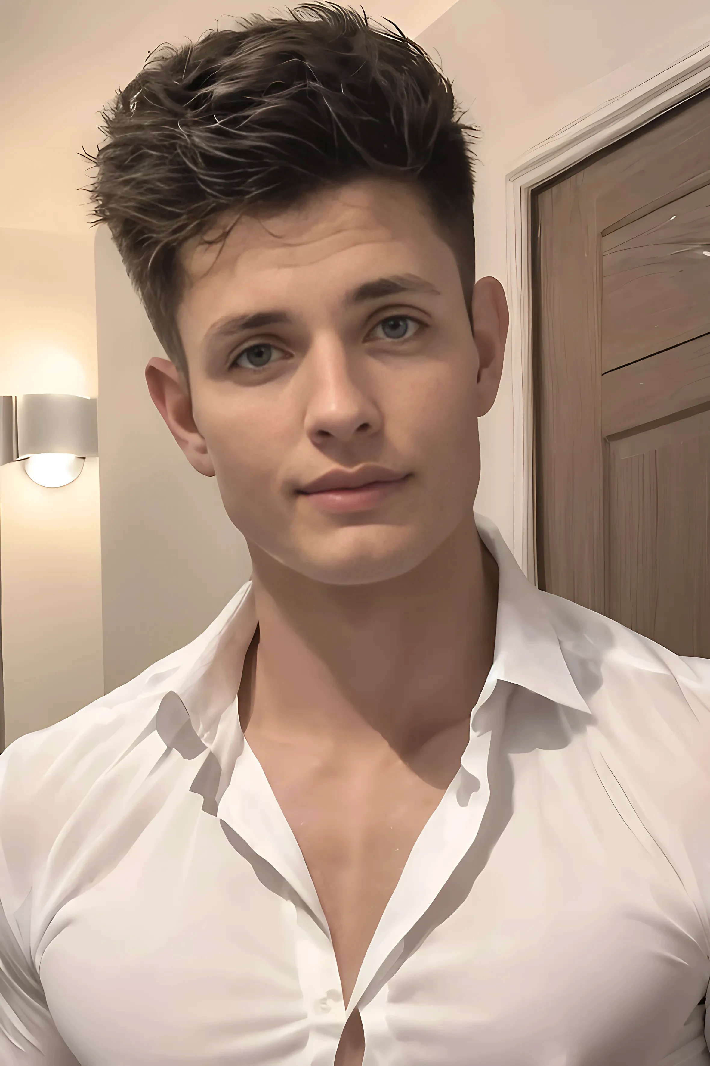 Headshot of Matt Rife, wearing a fitted tight white button up shirt, he is standing in hotel bedroom, editorial photograph, wide angle, headshoy portrait of Matt Rife, by Roman Bezpalkiv, by Artur Tarnowski, maxim sukharev, by Gabor Szikszai, Highly Detailed, highly detailed, square jaw, short brown hair, blue eyes, ((nighttime:1.3)), ((midnight:1.3)), ((only source of light: bedside table:1.3)),