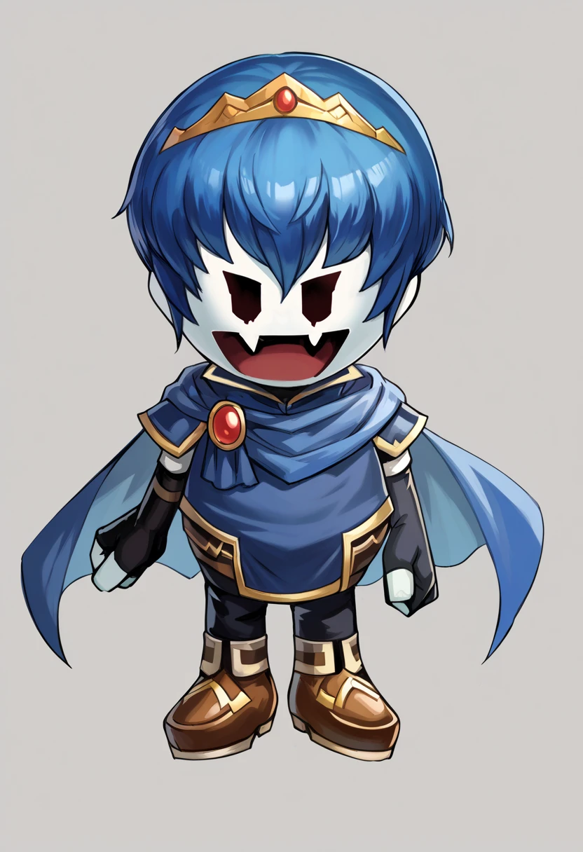 score_9, score_8_up, score_7_up, source_anime, BREAK, solo, <lora:Jack-Frost-Maker-pdxl_Fp:1>, jackfrostmaker, open mouth, creature, fang, full body, white skin, <lora:Marth-pdxl_Fp:1>, marthfe, blue hair, short hair, tiara, blue tunic, armor, cape, fingerless gloves, simple background, no humans, chibi
