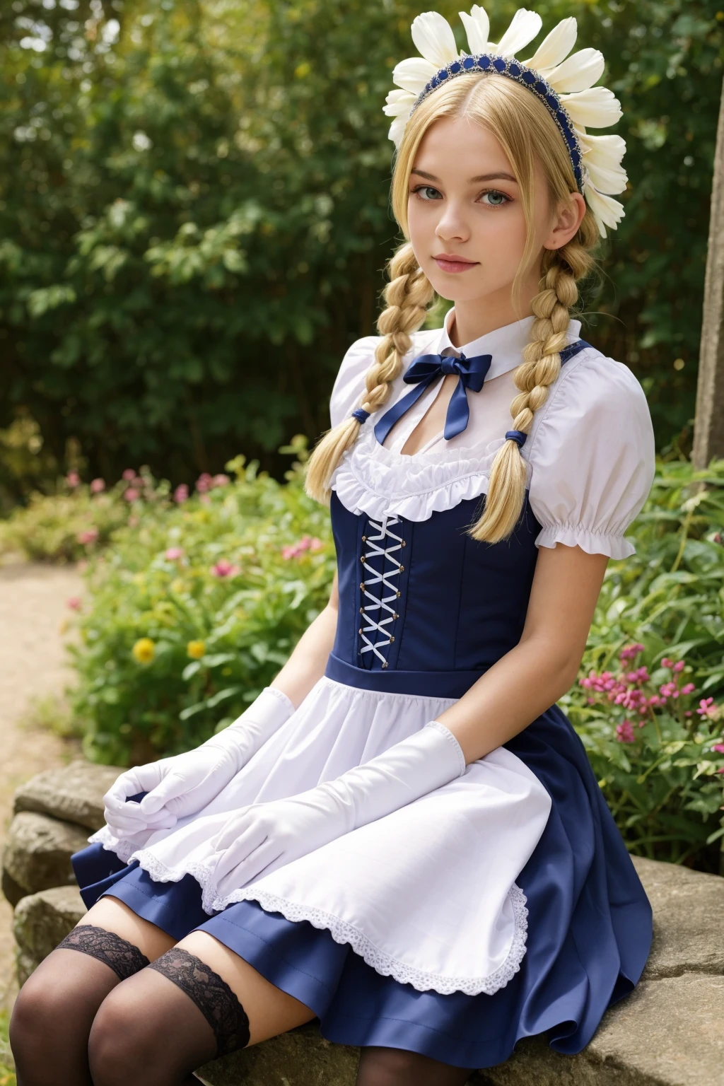 1girl, masterpiece, european woman, beautiful face, sitting, looking at viewer,gothic dress, blonde hair,brown eyes ,frills, maid, twintails, thighhighs, maid headdress, long skirt, gloves, outdoors, flower