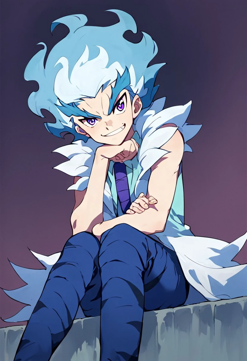 Score_9, Score_8_up, Score_7_up, source_anime, 1boy, solo, luishirosagi, blue pants with black stripes, light blue and white hair, purple eyes, perfecteyes, sitting, dominant pose, sitting, mocking smile, negative_hand,