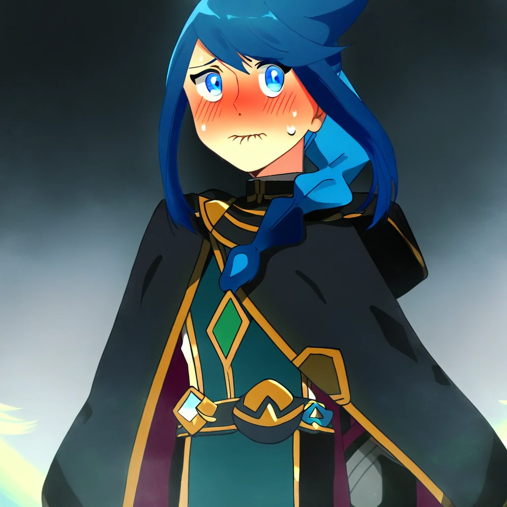 score_9, rating_safe, 1boy, male focus, solo, sidelocks, two-tone hair, black hair, blue hair, long hair, braid, single braid, black cloak, belt, black belt, black gloves, blue eyes, nervous, sweat, lip bite, blush,