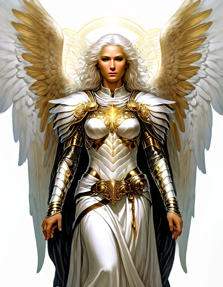 disciples 2, dark theme, half body Illustration of beautiful archangel, 1woman, attractive face, large breasts, white and gold drapery, white armor with gold trim, white hair, wings, masterpiece, best quality, Half Body, portrait, portrait, ((intricate details)), hdr, ((intricate details, hyperdetailed)), cinematic shot, glare, Iridescent, Global Illumination, soft light, dream light, illustration, 