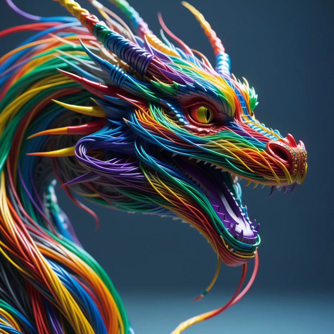 a dragon made out of Jed-Cable , sharp and in focus,  <lora:ColourfulCableStyle:0.7> ,