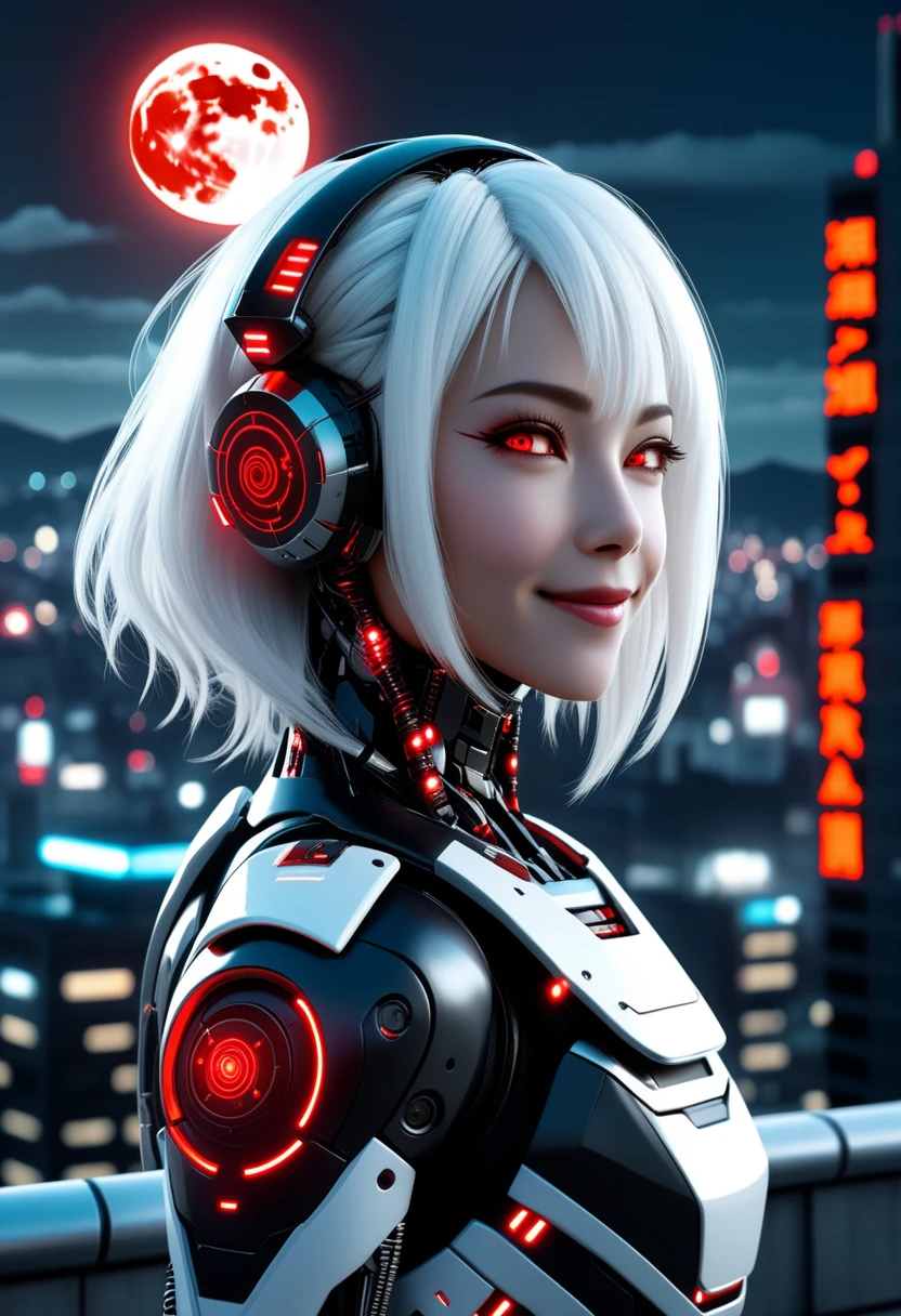 breathtaking biomechanical cyberpunk zavy-cbrpnk, harvest moon at night, moonbeam, mature cybernetic robot scandinavian woman, upper body and from above, from behind and looking back, face focus, mischievous seductive smile, smiling eyes, white hair, dimly glowing mechanical red eyes, thick long eyelashes, futuristic cityscape, on rooftop overlooking city, buildings in the background, <lora:zavy-cbrpnk-sdxl:0.8> zavy-cbrpnk, faceplate, <lora:DarkGrimFantasyXL:0.8> drkms, futuristic . cybernetics, human-machine fusion, dystopian, organic meets artificial, dark, intricate, highly detailed . award-winning, professional, highly detailed,