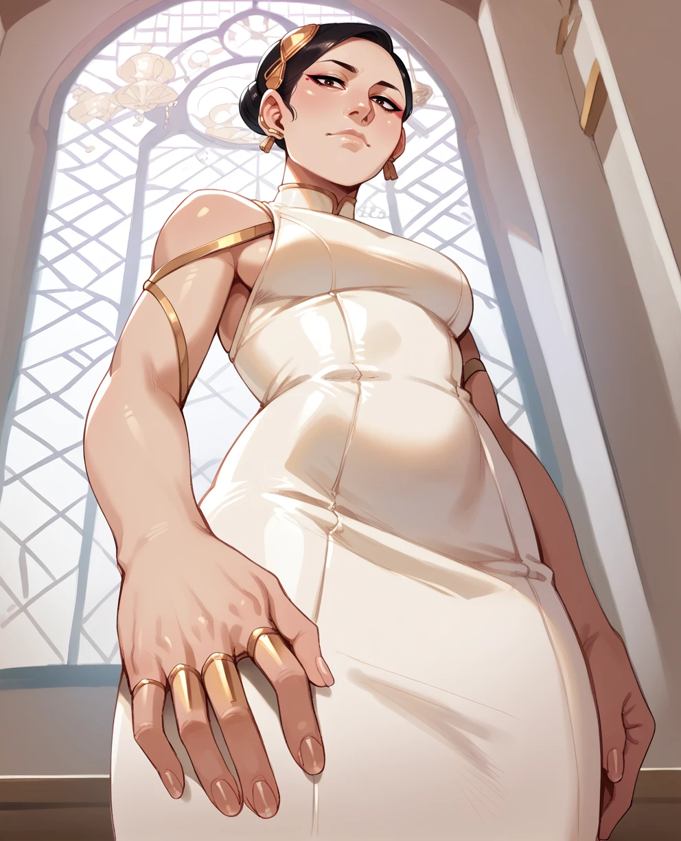 score_9,score_8_up,score_7_up,score_6_up,hanako,black hair,hair ornament,hairbun,makeup,brown eyes,gold fingers,
bare shoulders,white dress,jewelry,gold earpiece,
looking at viewer,standing,skin tight,
mansion,indoors,from below,
<lora:Hanako_Arasaka:0.9>,