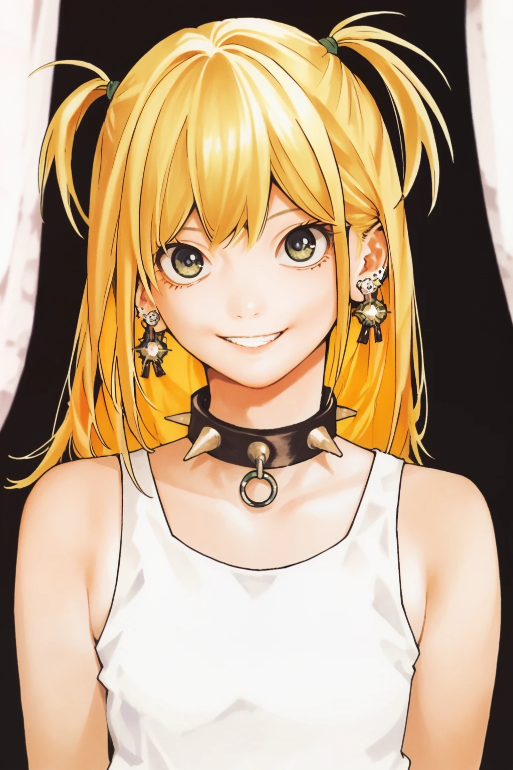 score_9, score_8_up, score_7_up, takeshiobata, 1girl, smile, looking at viewer, solo, long hair, blonde hair, two side up, white tanktop, spiked collar, earrings, jewelry, absurdres