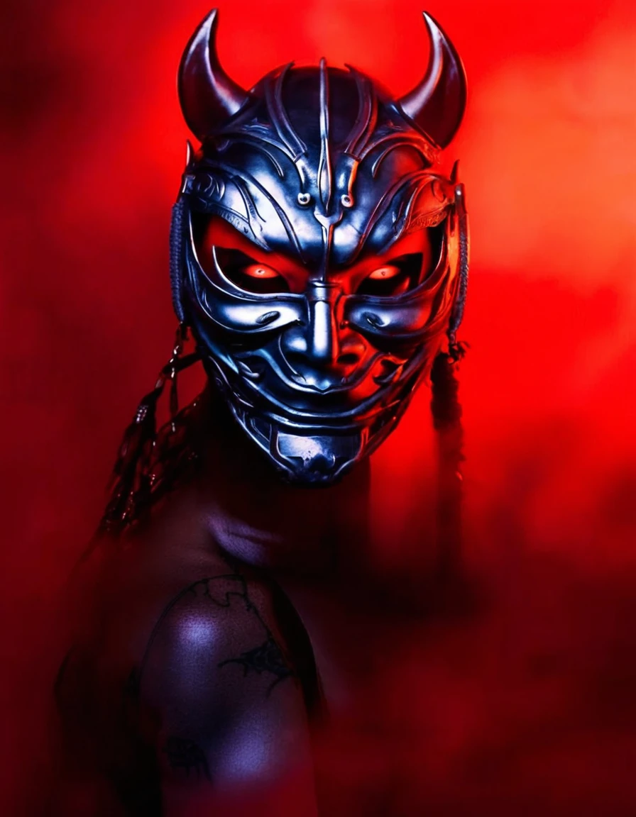 photo portrait a sexy alluring japanese female demon , wearing a frightening Oni mask. The mask has red glowng eyes. She is covered in tattoos.This scene is the metaphor of a sexy predator, coming out of the red fog, lurking with lust, in the art style of Charlie Bowater,Julie Bell