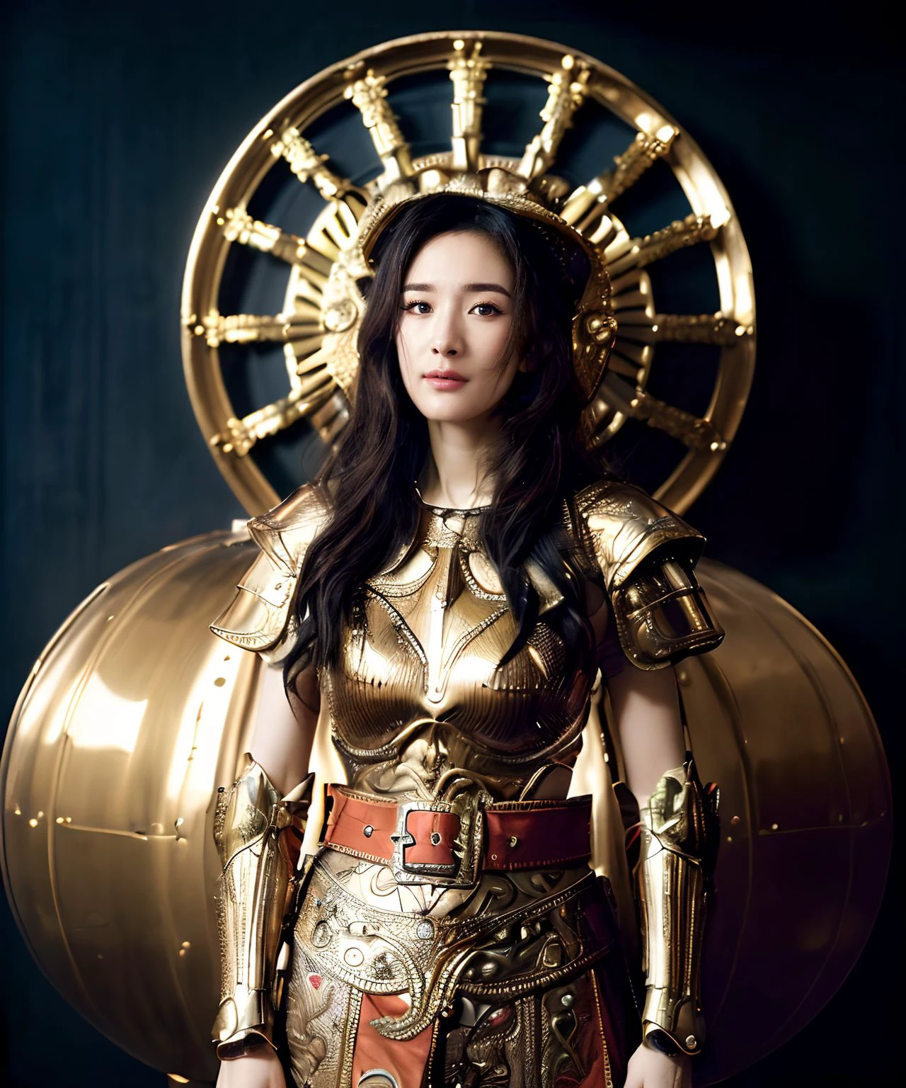 film photography aesthetic,yangmi woman,high-resolution, masterpiece, unity 8k wallpaper, female knight, heaven armor,armor is  flamboyant and exaggerated,muted color palette  into tattooed orange, red thick build around her waist, sharp focus, mandelbulb 3d, by Annie Leibovitz and Ilya Repin <lora:yangmi_lshw3e4_2-000024:0.6><lora:epi_noiseoffset2 (1):0.6> <lora:more_details (1):0.6>