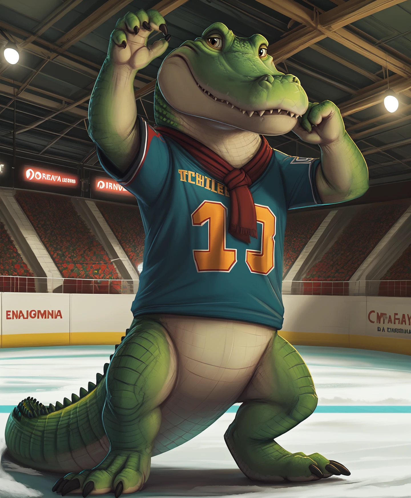 this photograph depicts a lylelyle straight-on wearing a hockey jersey and red scarf with his head turned away and looking back at the viewer with a narrowed eye,looking left:1.4, lylelyle, head turned:1.4,front view, shirt, hockey  jersey, (scarf), scalie,reptile, standing,feet, claws, 4 toes, detailed scales,male,solo, sharp teeth, crocodilian tail, symmetrical,4k, hi res, insanely detailed, detailed background, by benji (artist), by drakawa, by thesecretcave by imperatorcaesar, by incredibleediblecalico, by santanahoffman, no humans, <lora:lylelyle_YMv2:0.8>, digital media (artwork), toony