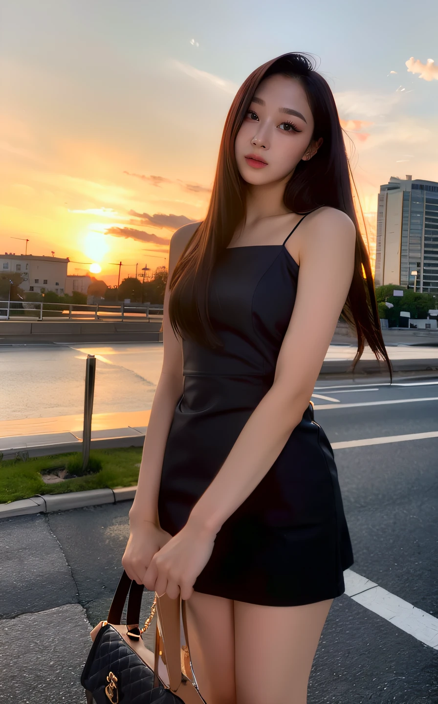 <lora:Giselle_V1:1> G!$ellâ¬,, (realistic), (hyperrealism), (photorealistic:1.4), 1girl, looking at the viewer, eye makeup, detailed eyes, detailed face, (upper body:1.2), detailed background, black dress, walking at the streets, sunset, (windy:1.2)