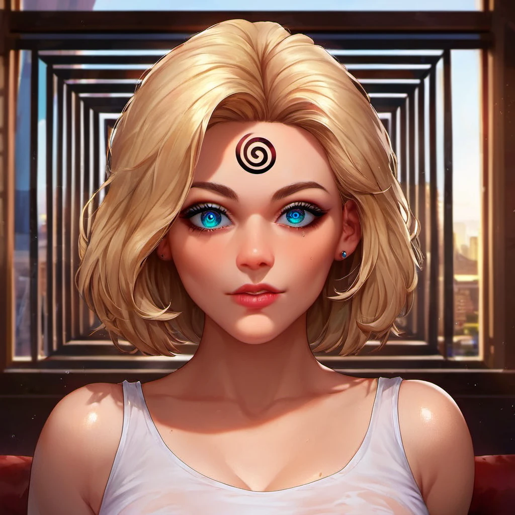 [black dot on forehead, black spiral on forehead,:black spiral on forehead,:0.2] woman, score_9, indoors, looking at viewer, woman, score_9 <lora:dot_on_forehead_01:1@0.2,0@0.21>