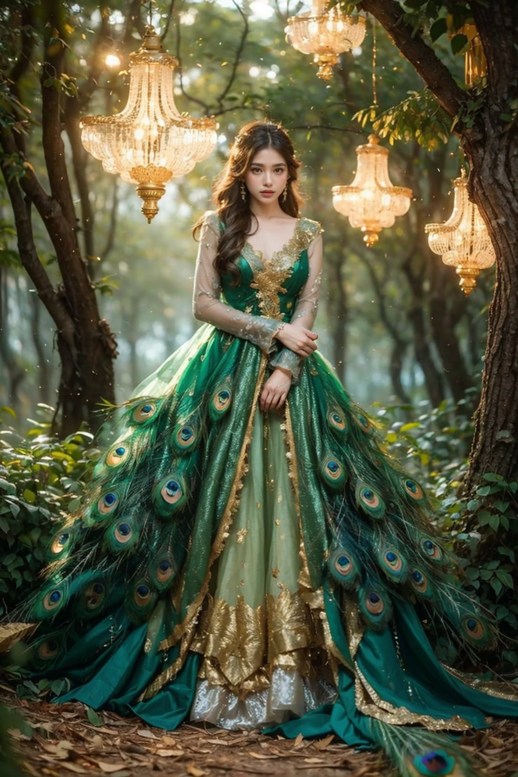 high quality,masterpiece,professional photography,8k,realistic,a girl in a peacock dress standing in a forest, jungle gown, fantasy photoshoot,royal green and nature light,looking majestic in forest,decorated with intricate details in emerald green and gold,solo,standing,long hair,looking at viewer,brown hair,long sleeves,brown eyes,blurry,tree,depth of field,fantasy art style,falling golden sparks add a magical touch to the scene, decorative light bulbs,plant,stairs,((peacock green feathers dress)),detailed textures, <lora:JAY - Jungle Princess:0.8>,