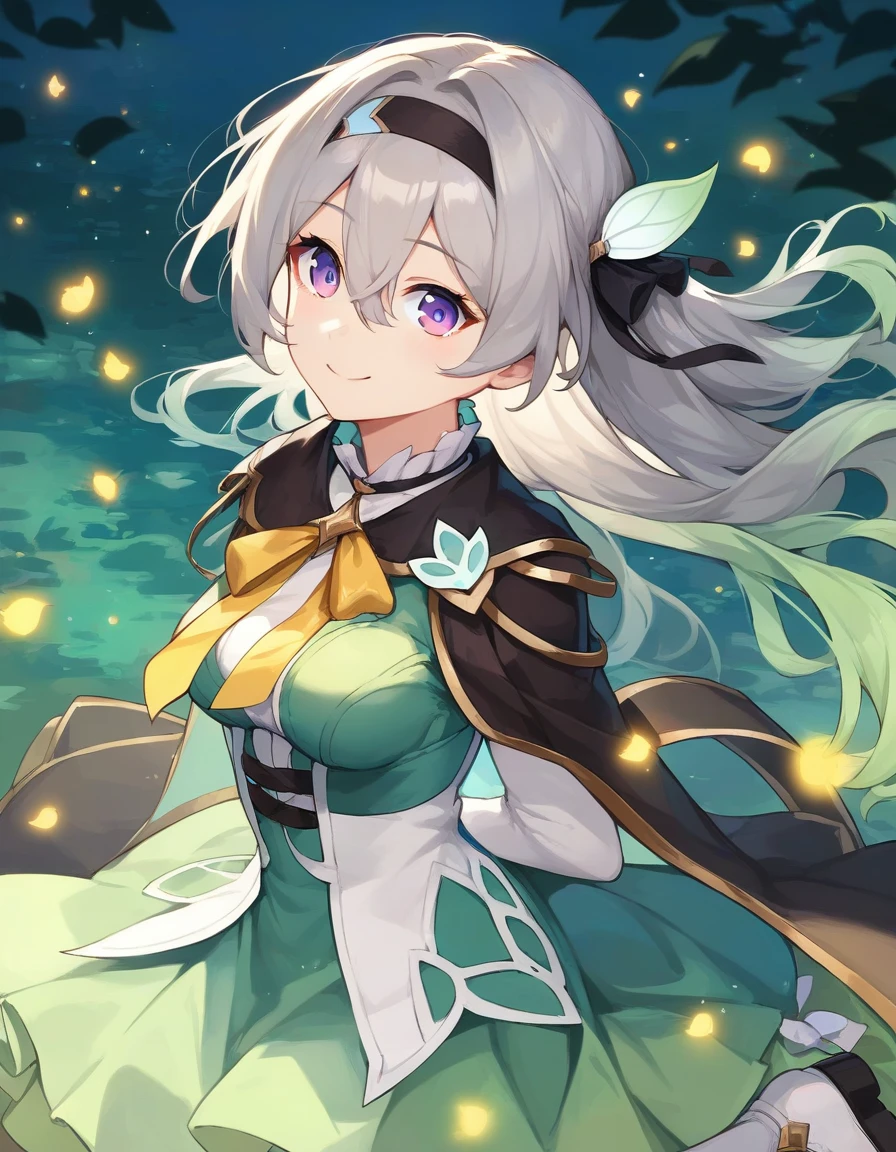 score_9,score_8_up,score_7_up,score_6_up BREAK official art,solo,outdoors,cheek-to-cheek,upper body,(portrait:1.5),looking at viewer,facing viewer,smile,Firefly,long hair,grey hair,gradient hair,multicolored hair,floating hair,black hairband,hair ribbon,black ribbon,hair intakes,leaf hair ornament,hair between eyes,parted bangs,purple eyes,black cape,neck ribbon,yellow ribbon,green dress,long sleeves,medium breasts,green skirt,white bow,zettai ryouiki,black thighhighs,white footwear,<lora:Firefly(hsr)-Pony:1.2>,<lora:Smooth Anime Style LoRA XL:0.8>,