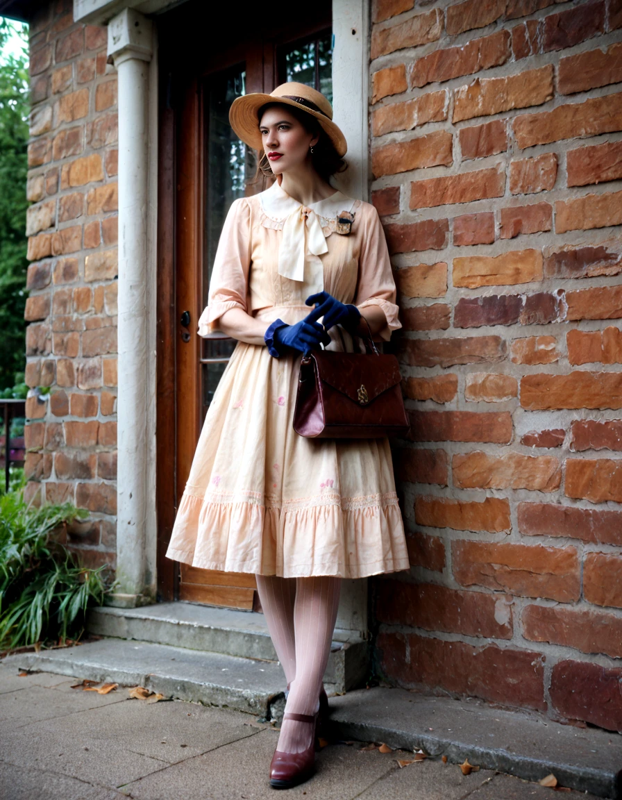 score_9,score_8_up,uncensored,realistic,1girl,<lora:Vintage_Fashion:1>,vintage fashion, hat, brown hair, jewelry, dress, skirt, pantyhose, handbag, gloves, outdoors