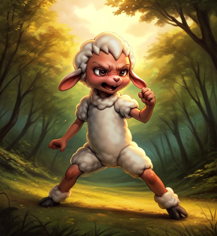 <lora:WolkeLambMullewapp:0.9>  WolkeLambMullewapp,  Lamb,  (fighting stance, angry pose)
Male, Detailed multicolored skin, ( solo), [day,  forest, trees, meadows, grass, clouds,] solo focus,  (wool)
(beautiful, aesthetic, perfect, delicate, intricate), masterpiece, digital drawing, best quality, AS-YoungerV2:0.6, AS-YoungestV2:0.5,   
[by kenket|by totesfleisch8], by thebigslick:by silverfox5213:0.8], [by syuro, by paloma-paloma::0.2, (Tricksta, TotesFleisch8)