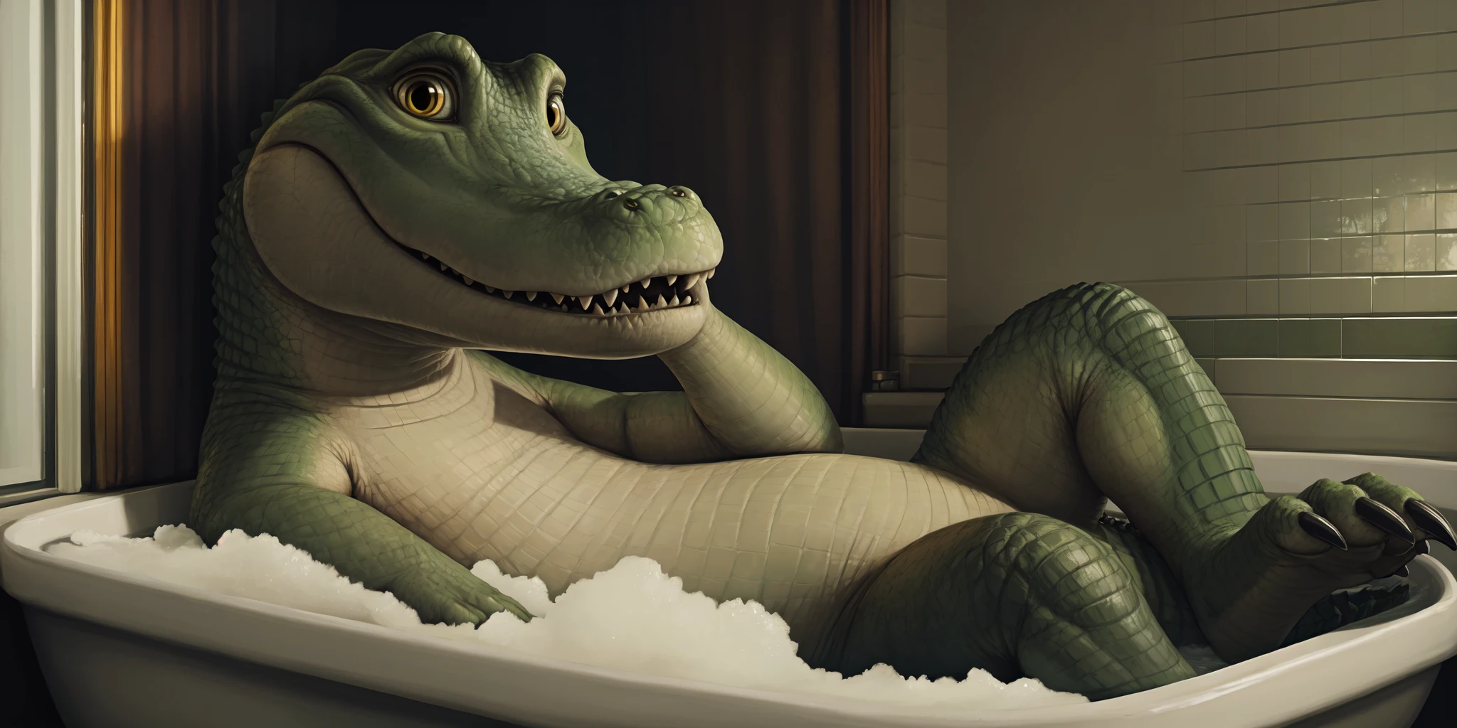 this photograph depicts a crocodilian taking a bubble bath, lylelyle,surprised,horrified, looking at viewer, scalie,reptile, crocodilian tail, semi-anthro, belly scales, detailed scales, talking to viewer, feet, claws, male,solo, detailed eyes, black pupils, yellow eyes,tongue, teeth, sharp teeth,water, partially submerged, cinematic lighting, symmetrical,4k, hi res, insanely detailed, detailed background,bathroom,realistic, realism, photorealistic, photorealism, by benji (artist) , by pngx (artist), by drakawa, by pokegontc, by shiuk, by klongi, by thesecretcave, by darkenstardragon, by narse, by nitrods, <lora:lylelyle_YM:0.7>, by imperatorcaesar, by incredibleediblecalico, by santanahoffman