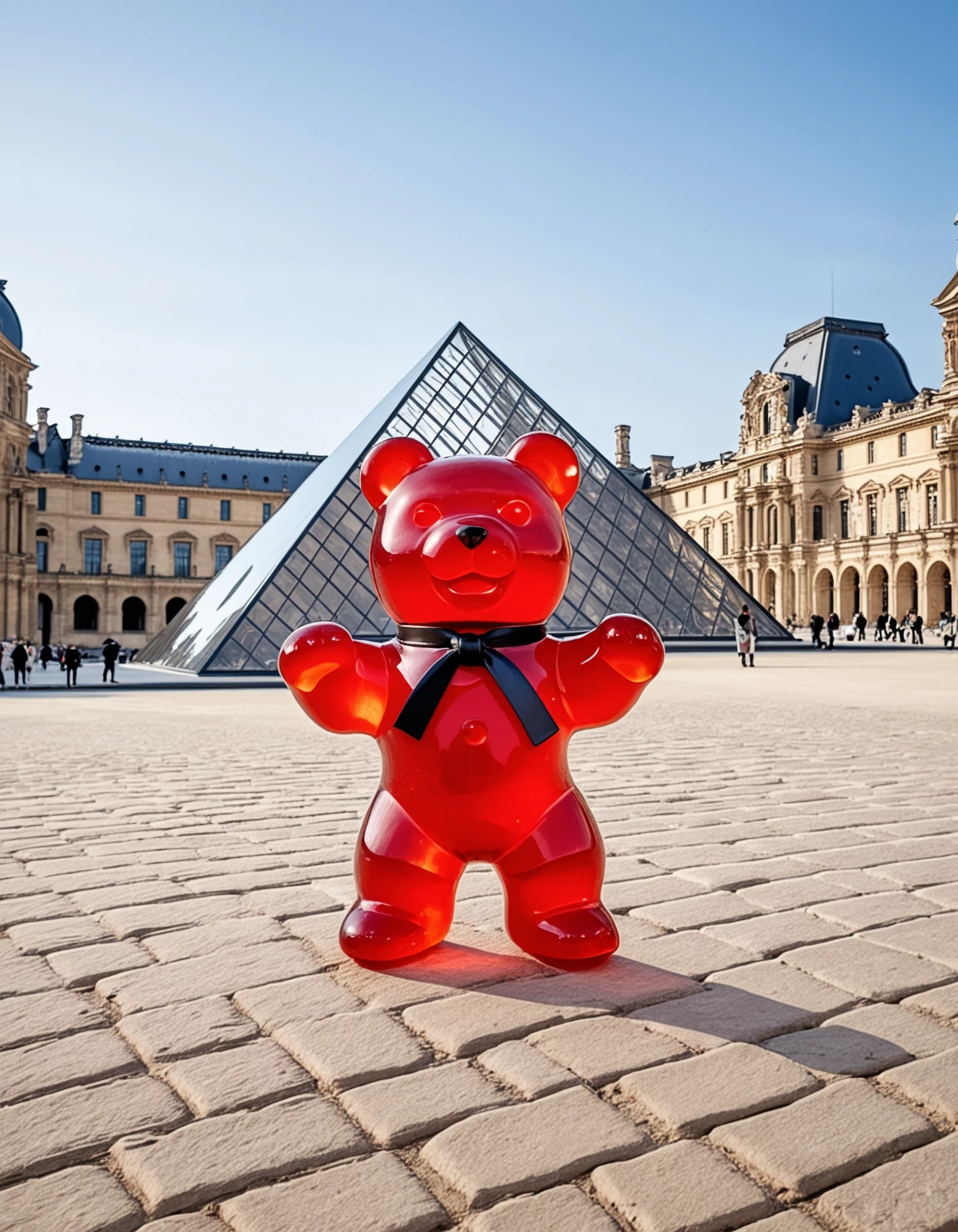 advertising photography, giant red gummy bear in front of the LOUVRE, glass pyramid, (dynamic pose:1.25),(karate kick:1.15)