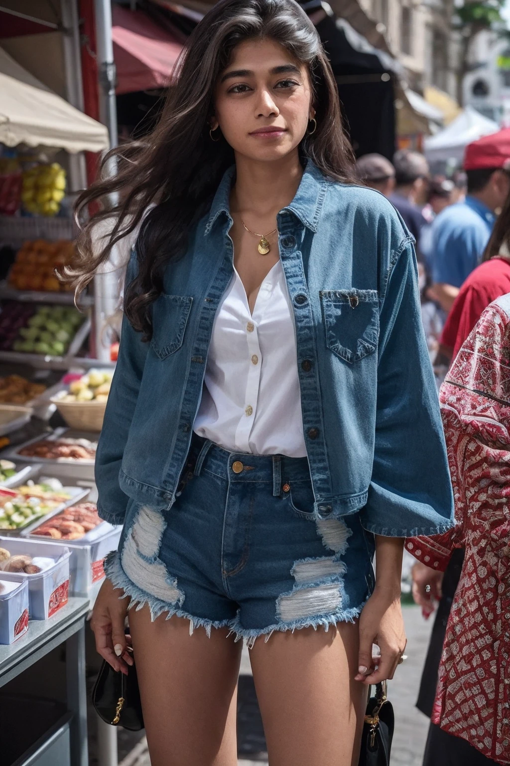 <lora:rimahassan:1>,rimahassan ,a woman wearing button shirt and denim shorts, street market,